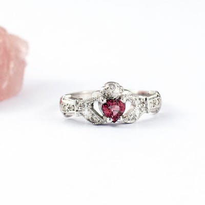 14K White Gold Ruby Claddagh Ring & Optional Wedding Ring