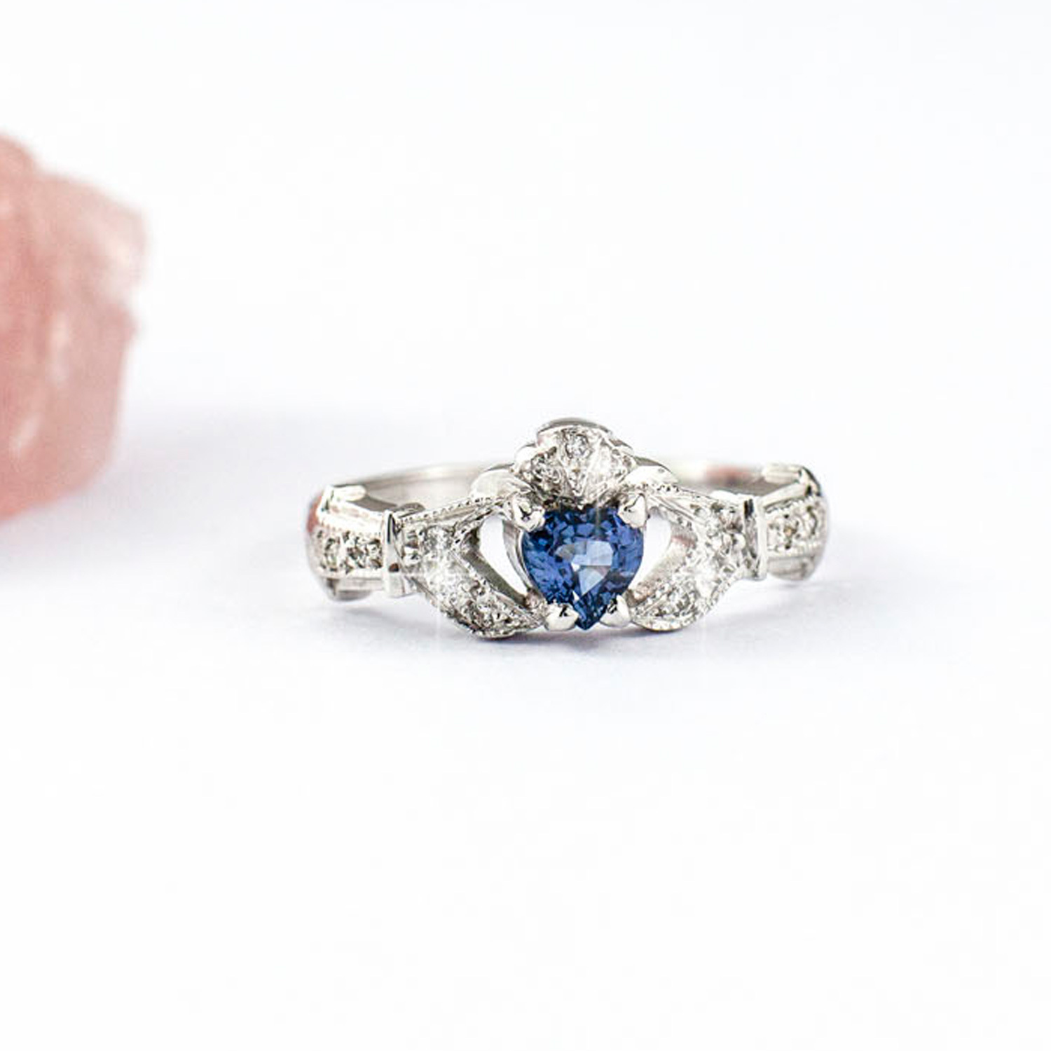 Blue Sapphire Emerald Shape and Side Baguettes Engagement Ring