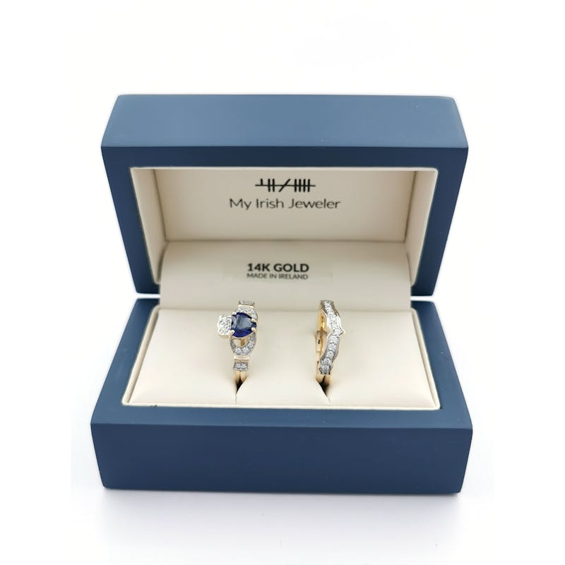 Womens Polished Yellow Gold Claddagh 0.50ct Natural Sapphire Ring. In Luxury Packaging.
