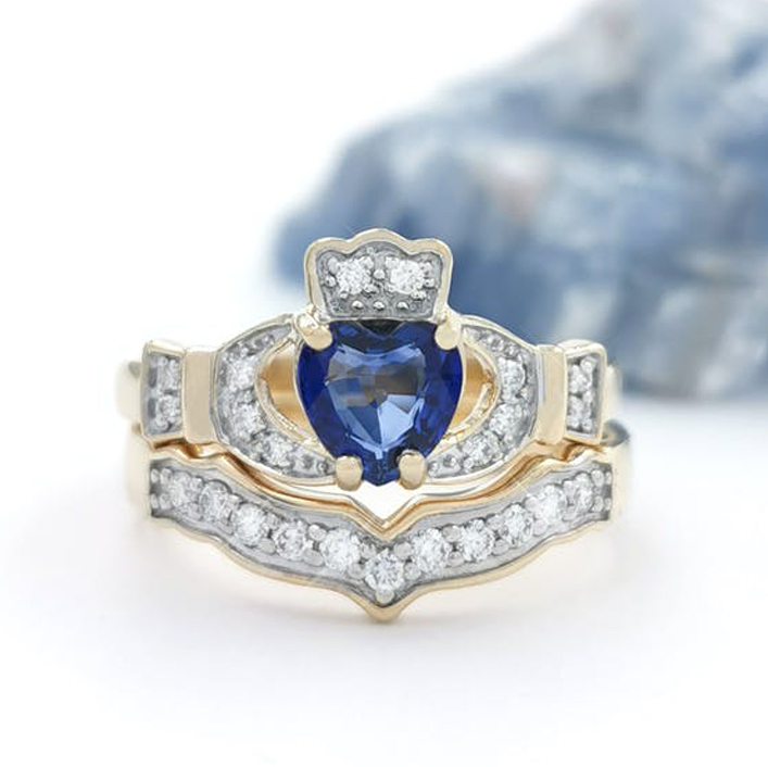 Pear Shape Sapphire Ring with Halo Wedding Set – Happy Jewelers