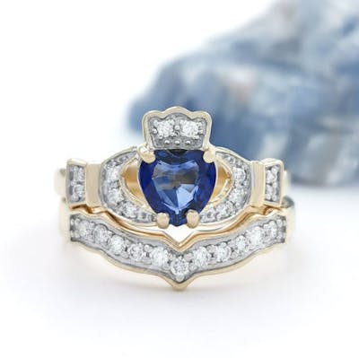 14k Yellow Gold Sapphire Diamond Claddagh with Optional Wedding Ring