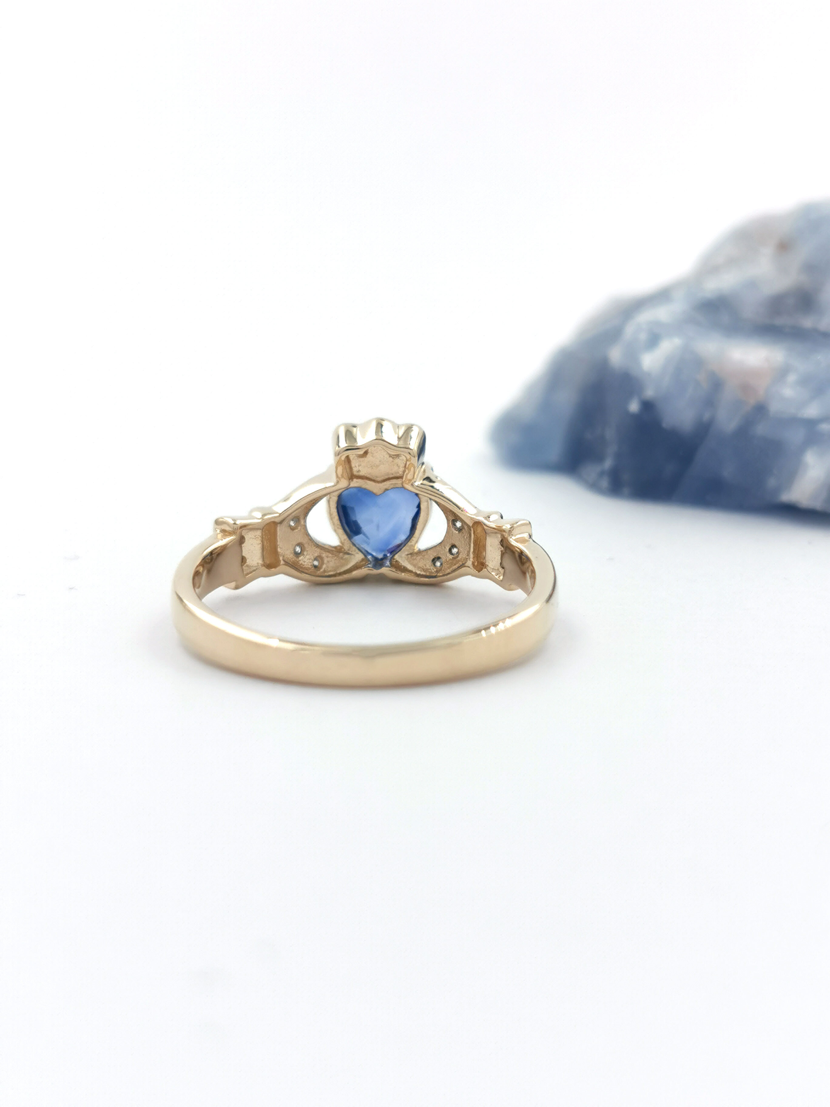 Real 14K Yellow Gold Claddagh Engagement Ring With a Polished Finish For Women. Picture Of The Reverse Side.