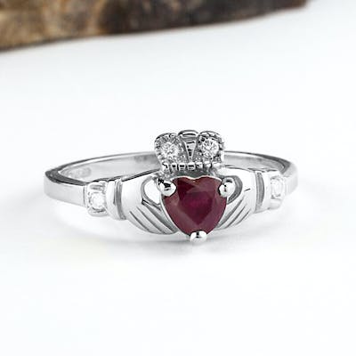 14K Ruby And Diamond Claddagh Ring