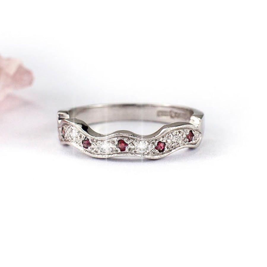 14k White Gold Ruby Diamond Shaped Wedding Band Cropped