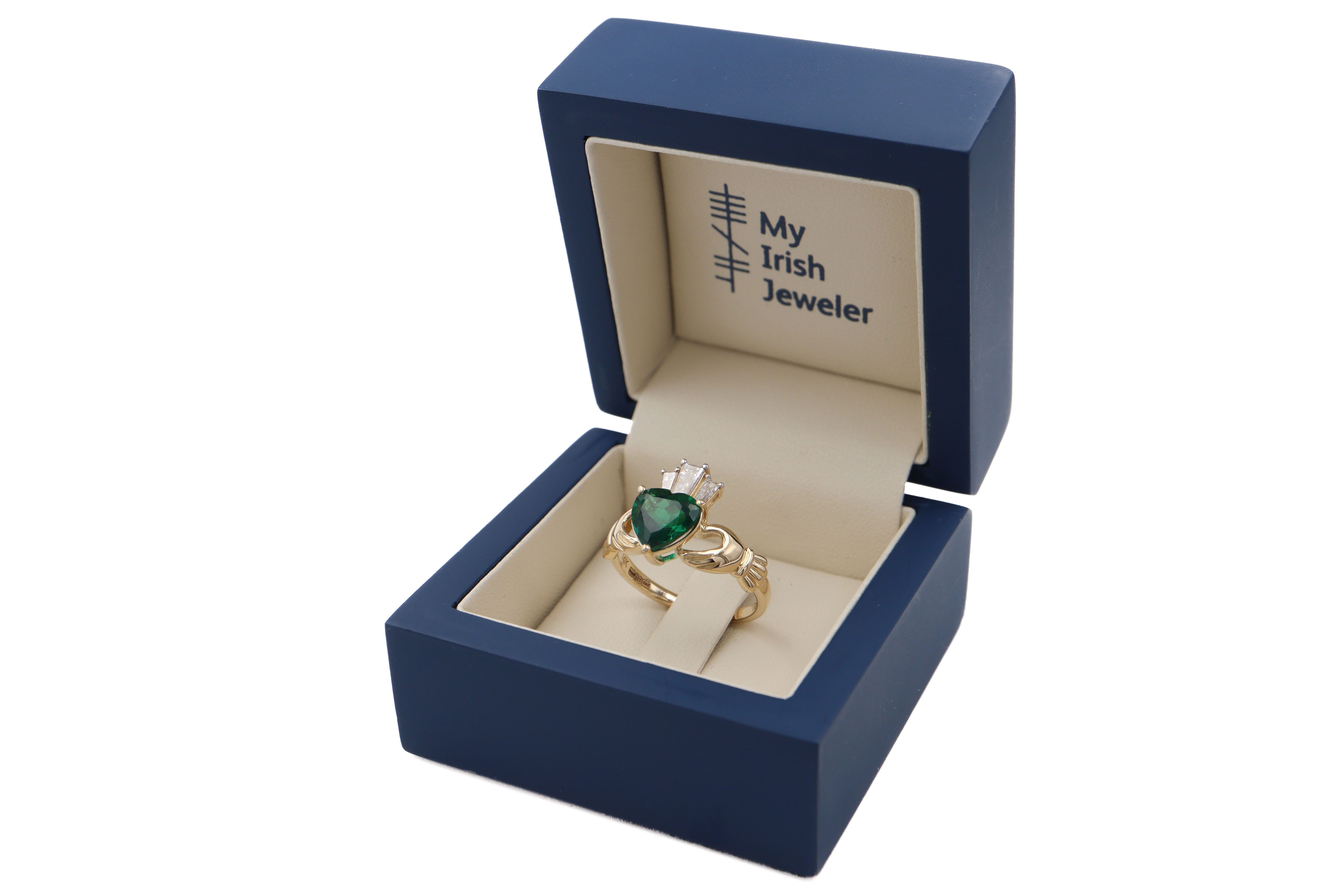 14k Yellow Gold Diamond Crowned 2ct Emerald Claddagh Ring Sku 25232 box