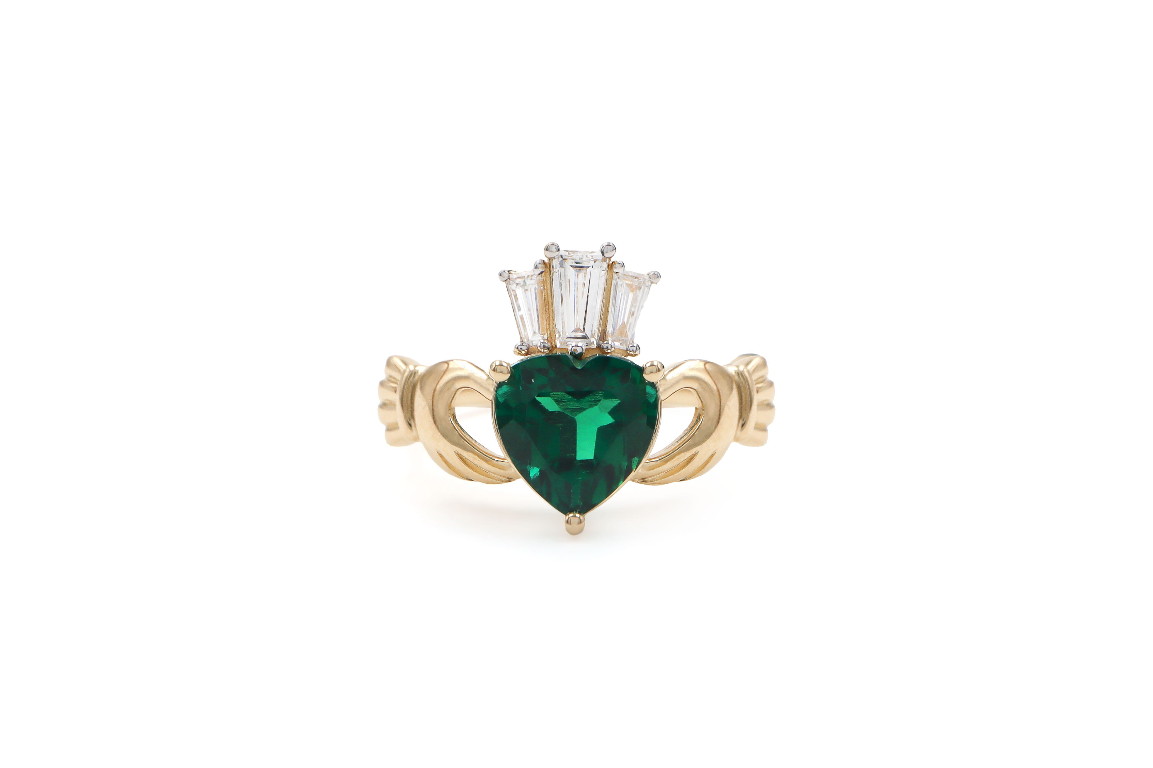 14k Yellow Gold Diamond Crowned 2ct Emerald Claddagh Ring Sku 25232 front white background