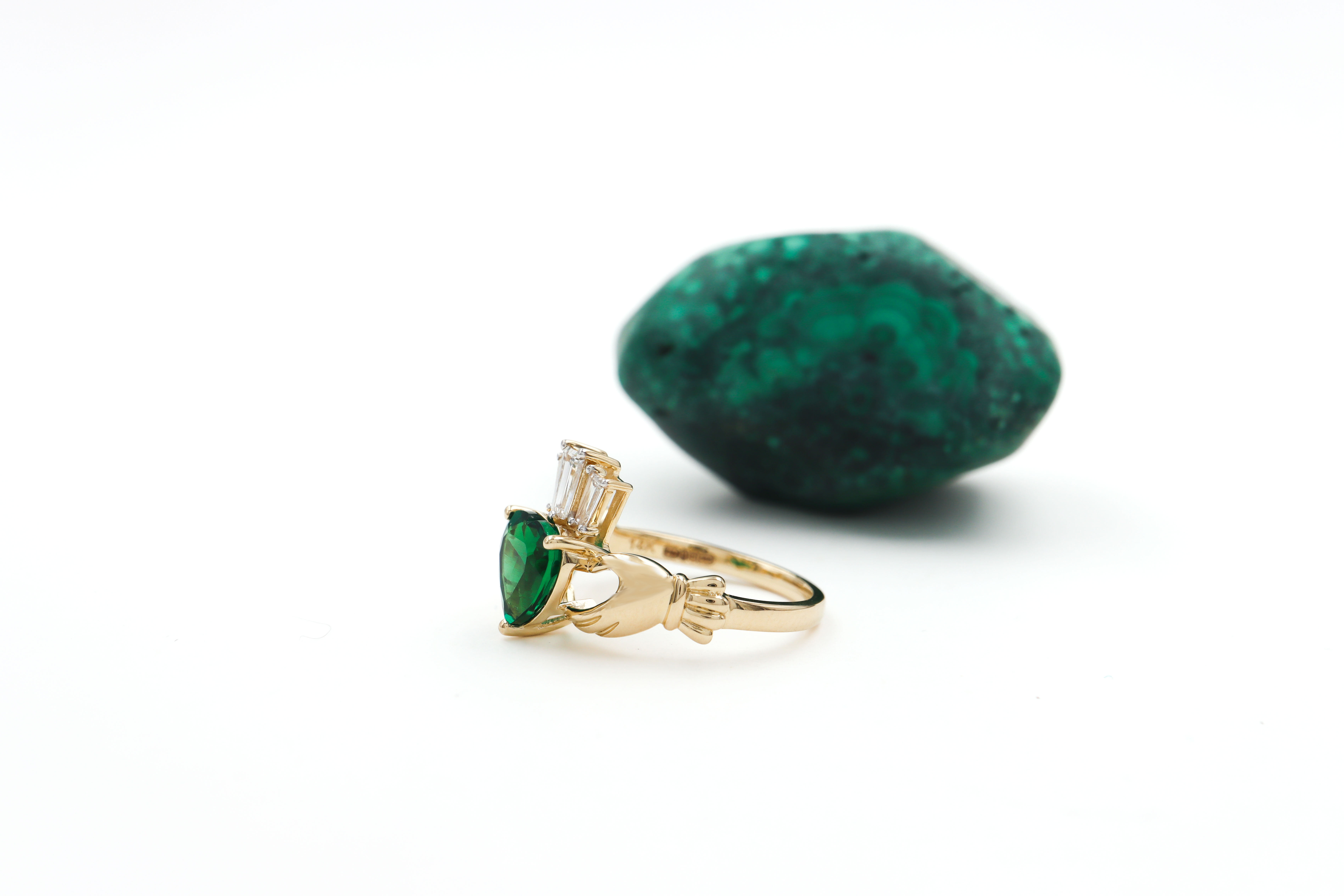 14k Yellow Gold Diamond Crowned 2ct Emerald Claddagh Ring Sku 25232 side 3