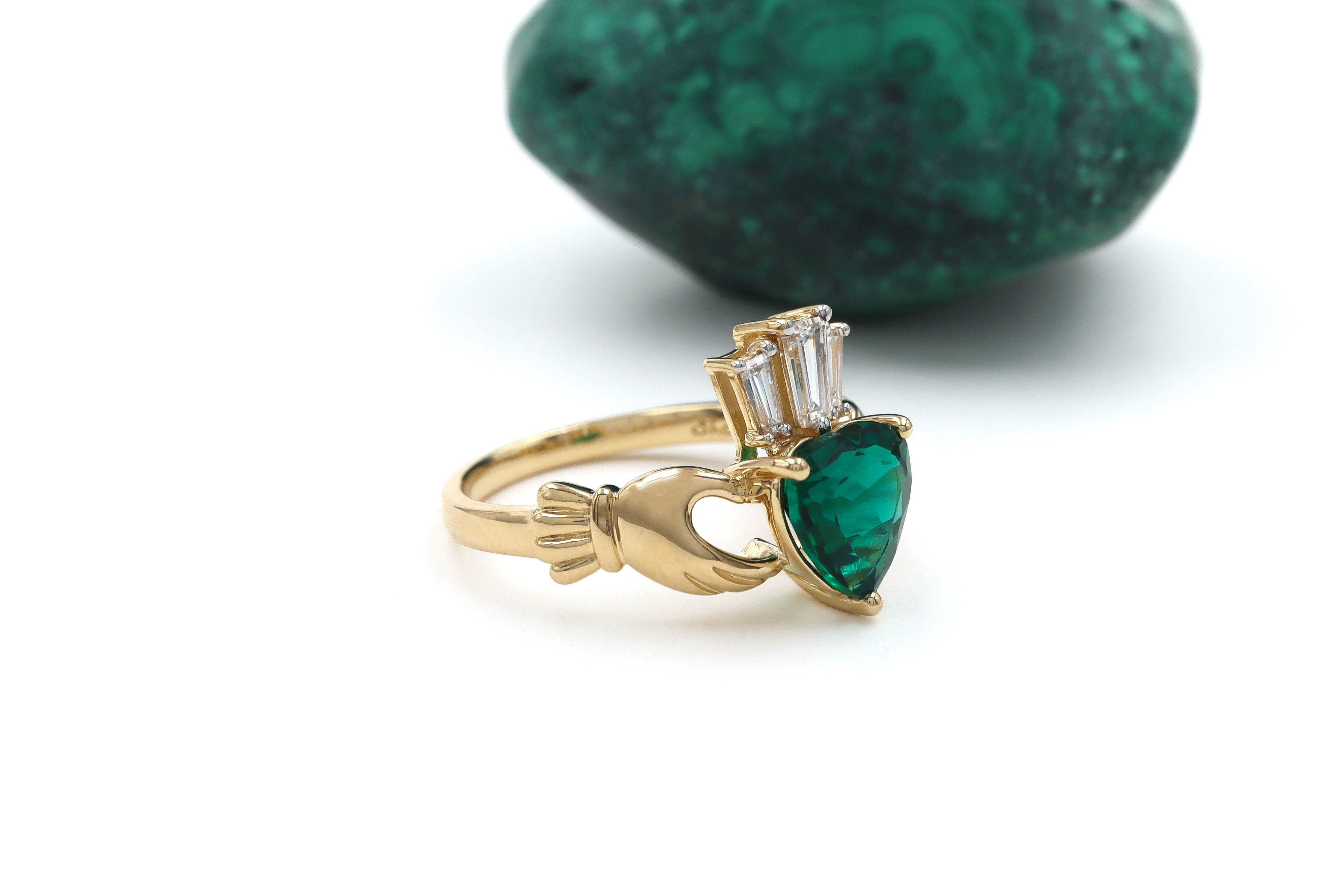 14k Yellow Gold Diamond Crowned 2ct Emerald Claddagh Ring Sku 25232 side 4