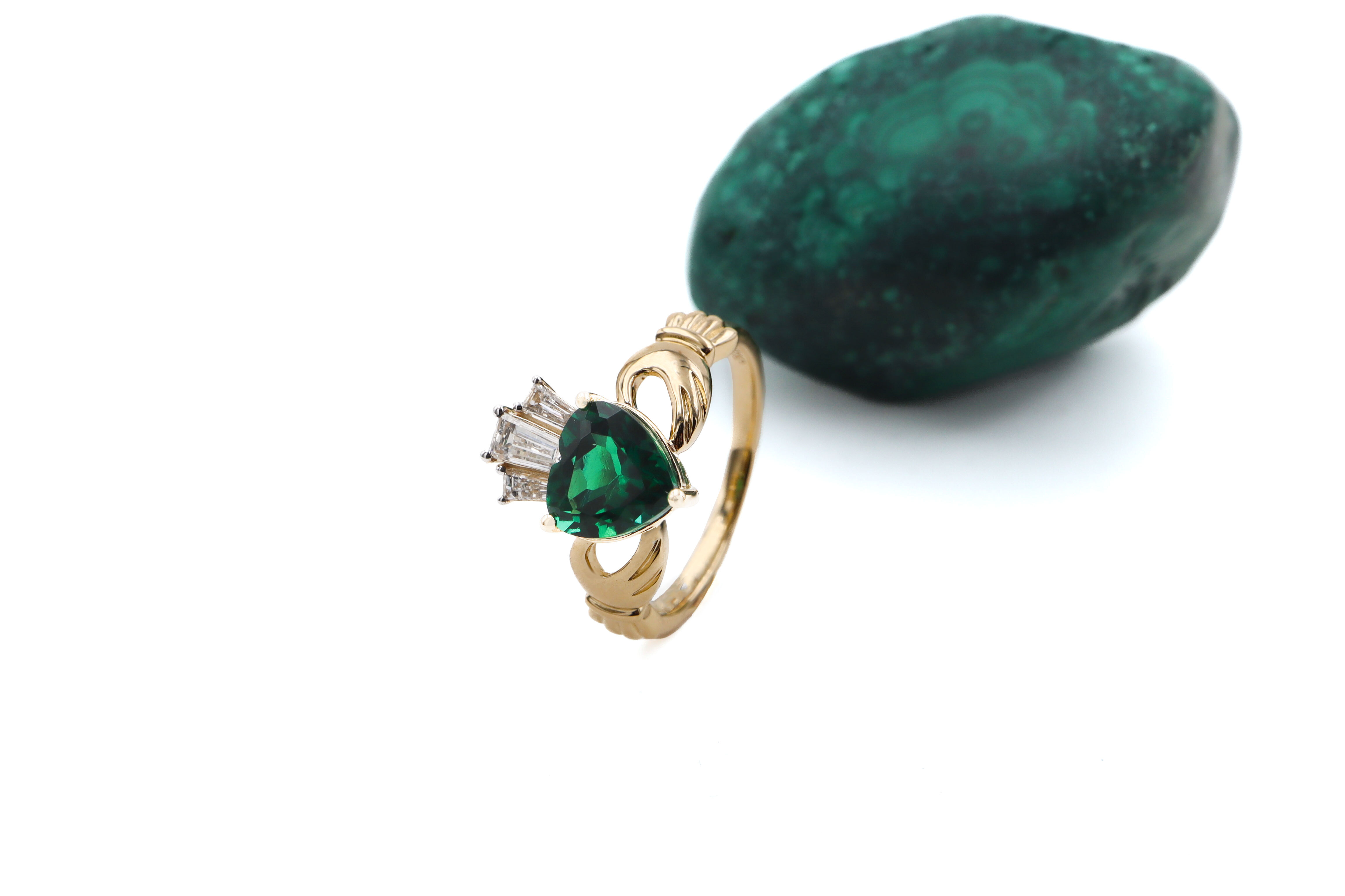 14k Yellow Gold Diamond Crowned 2ct Emerald Claddagh Ring Sku 25232 side