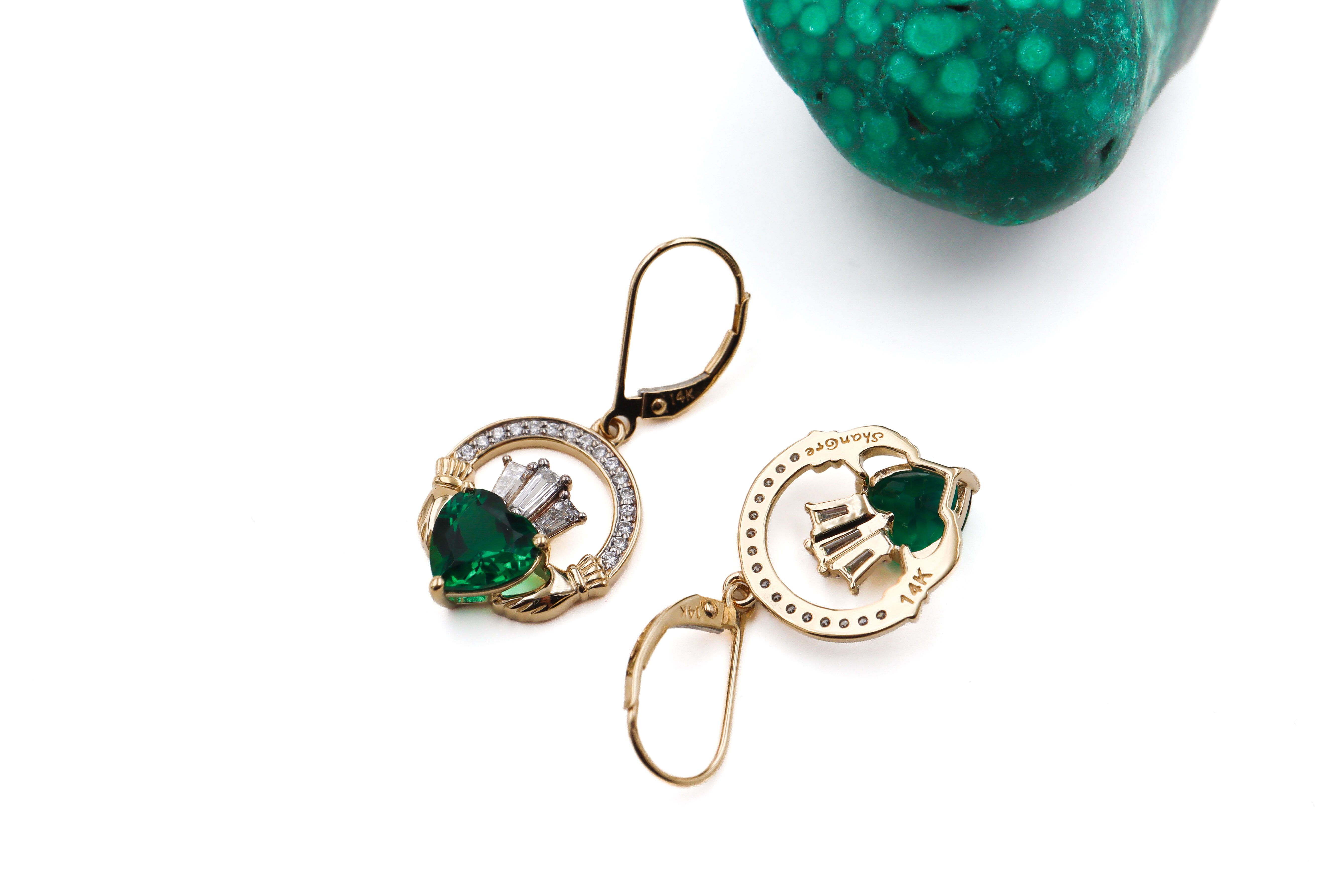 14k Yellow Gold Diamond Crowned 2ct Lab Emerald Claddagh Drop Earrings back