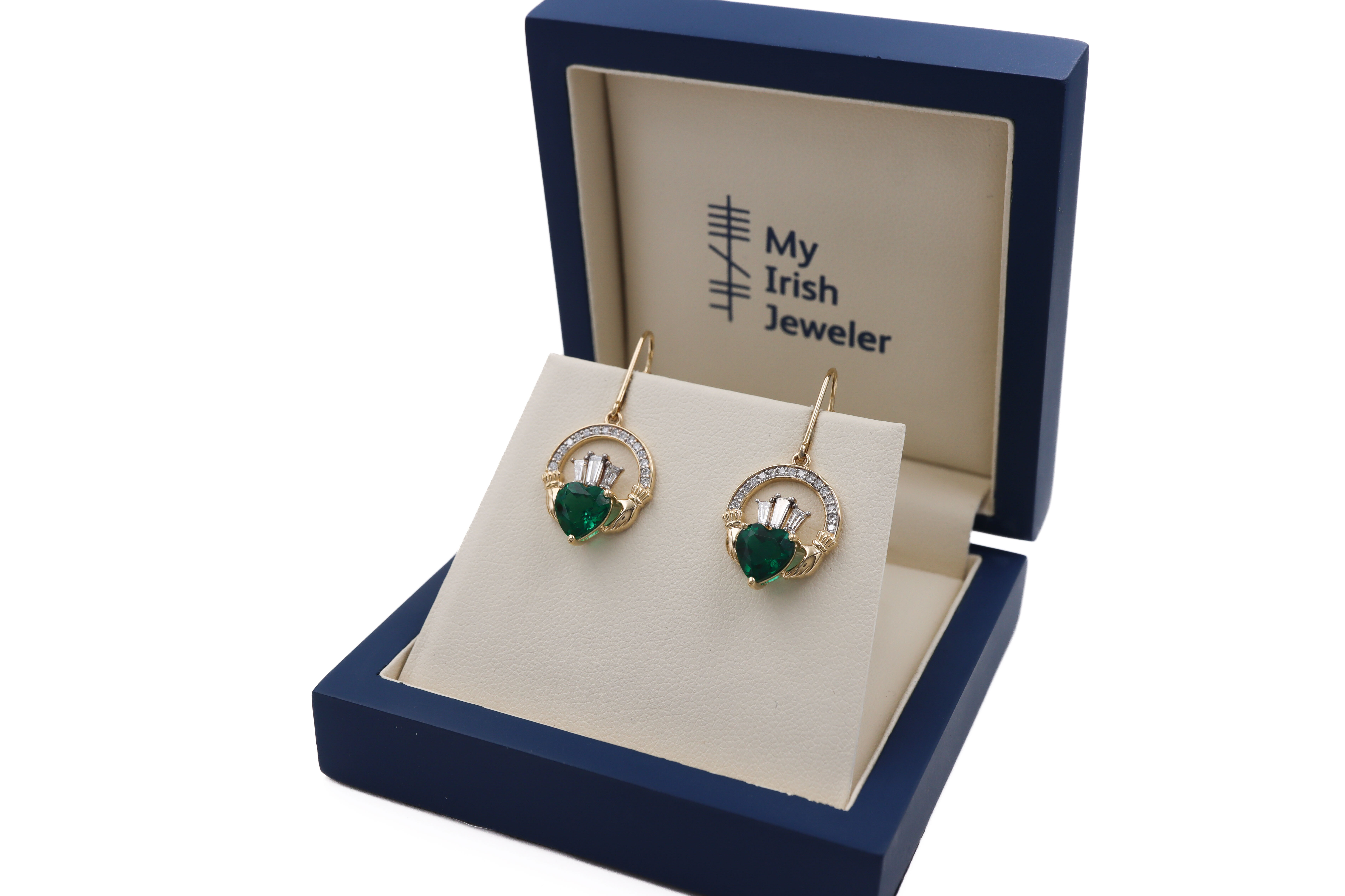 14k Yellow Gold Diamond Crowned 2ct Lab Emerald Claddagh Drop Earrings box