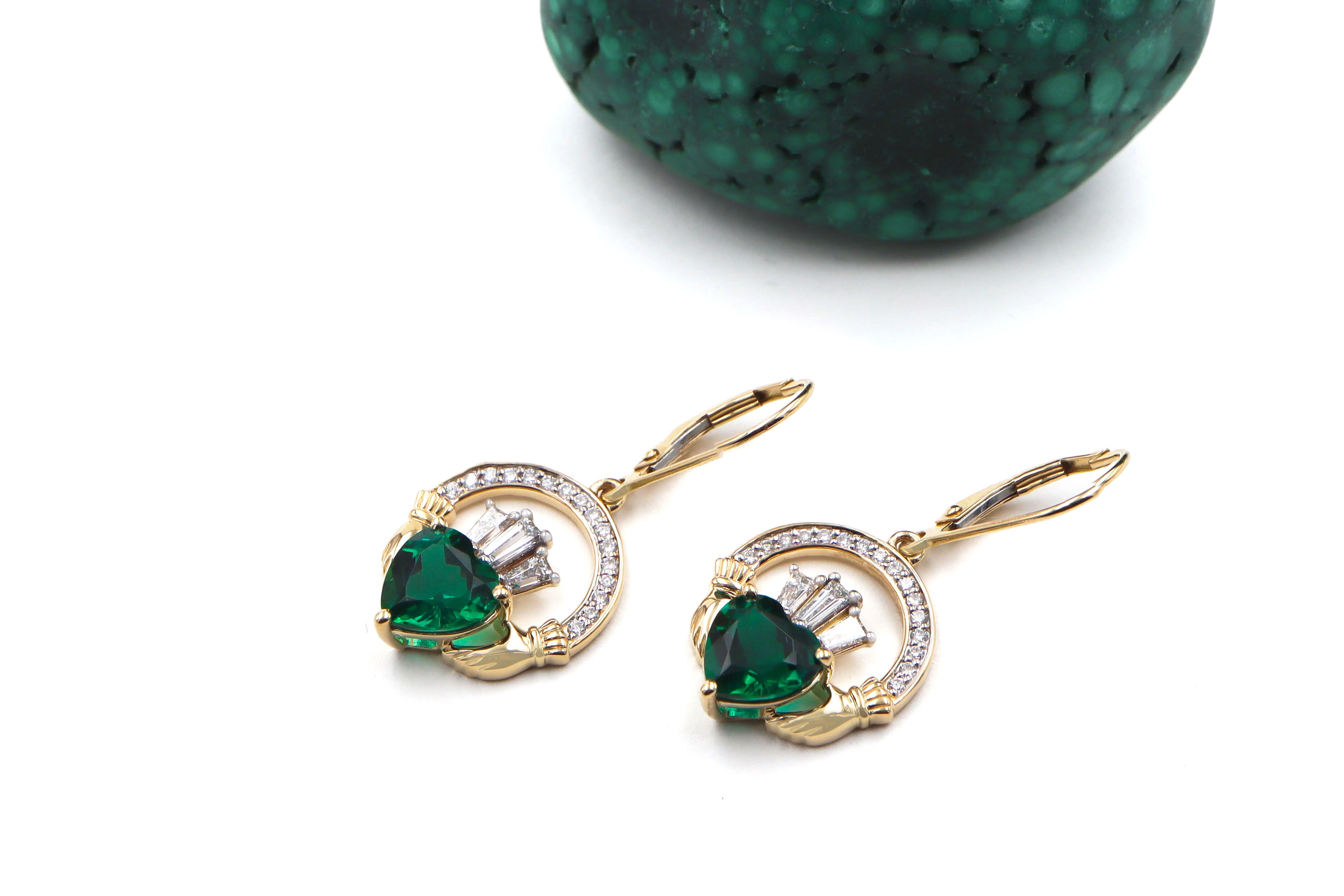 14k Yellow Gold Diamond Crowned 2ct Lab Emerald Claddagh Drop Earrings flat