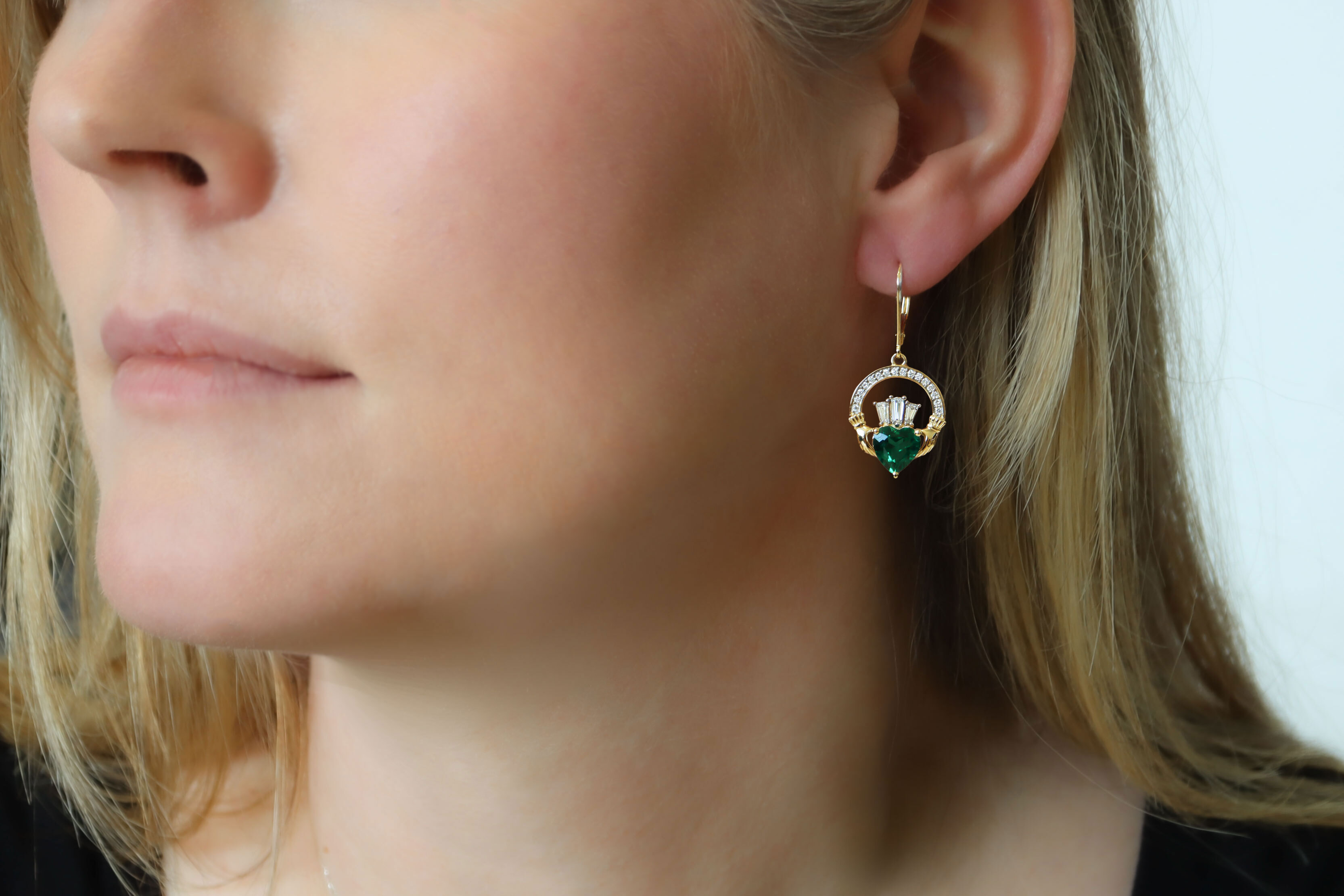14k Yellow Gold Diamond Crowned 2ct Lab Emerald Claddagh Drop Earrings model