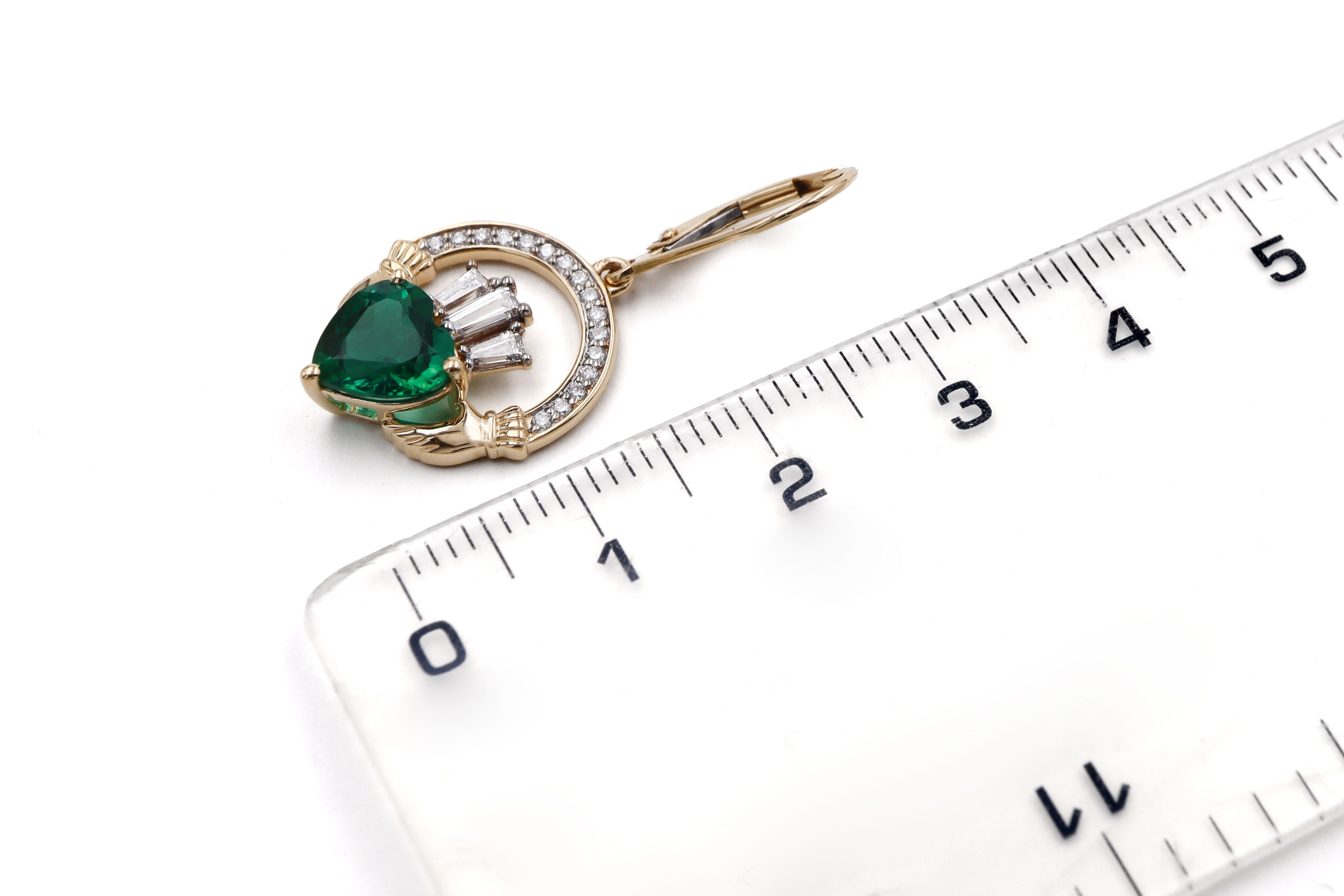 14k Yellow Gold Diamond Crowned 2ct Lab Emerald Claddagh Drop Earrings scale