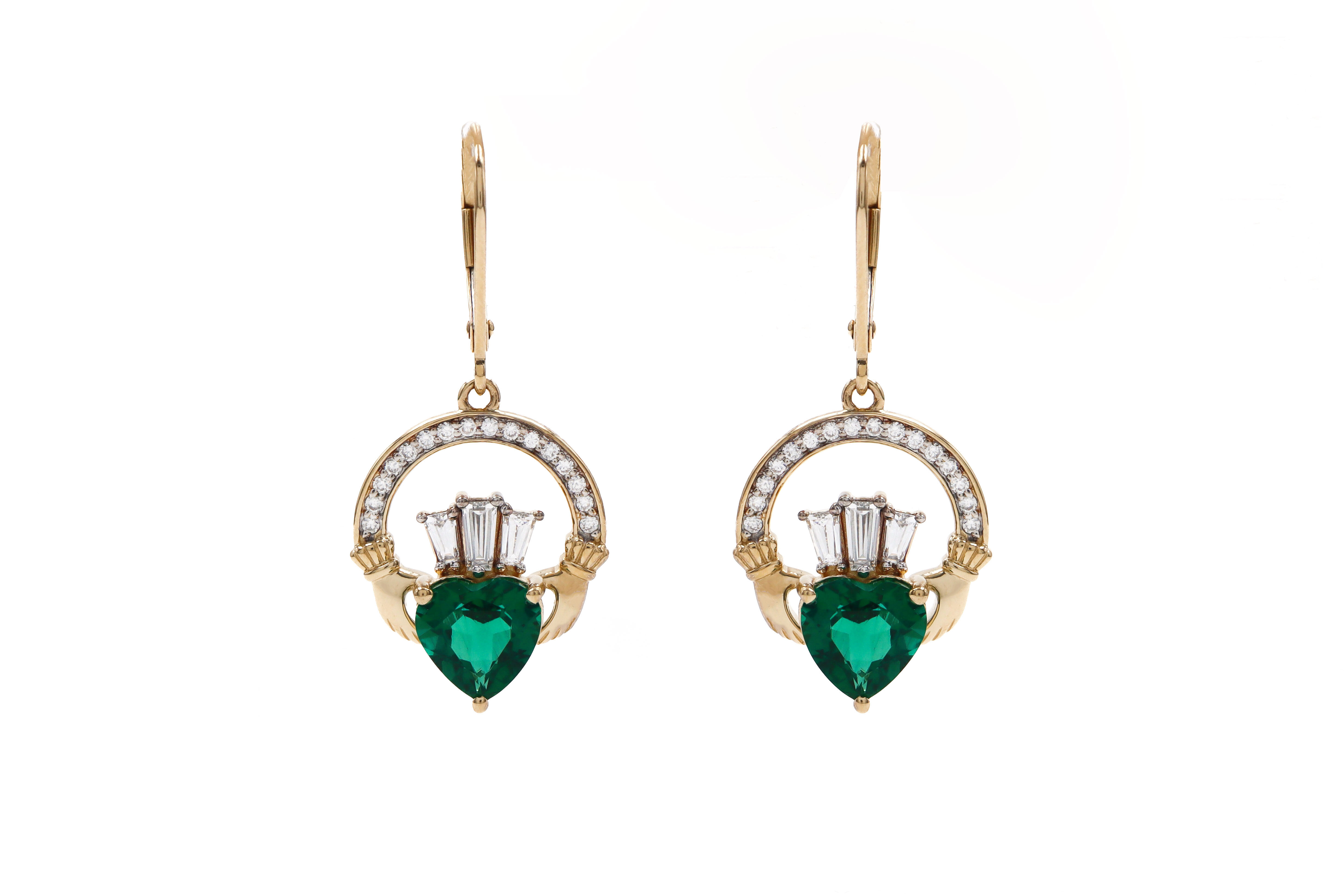 14k Yellow Gold Diamond Crowned 2ct Lab Emerald Claddagh Drop Earrings white