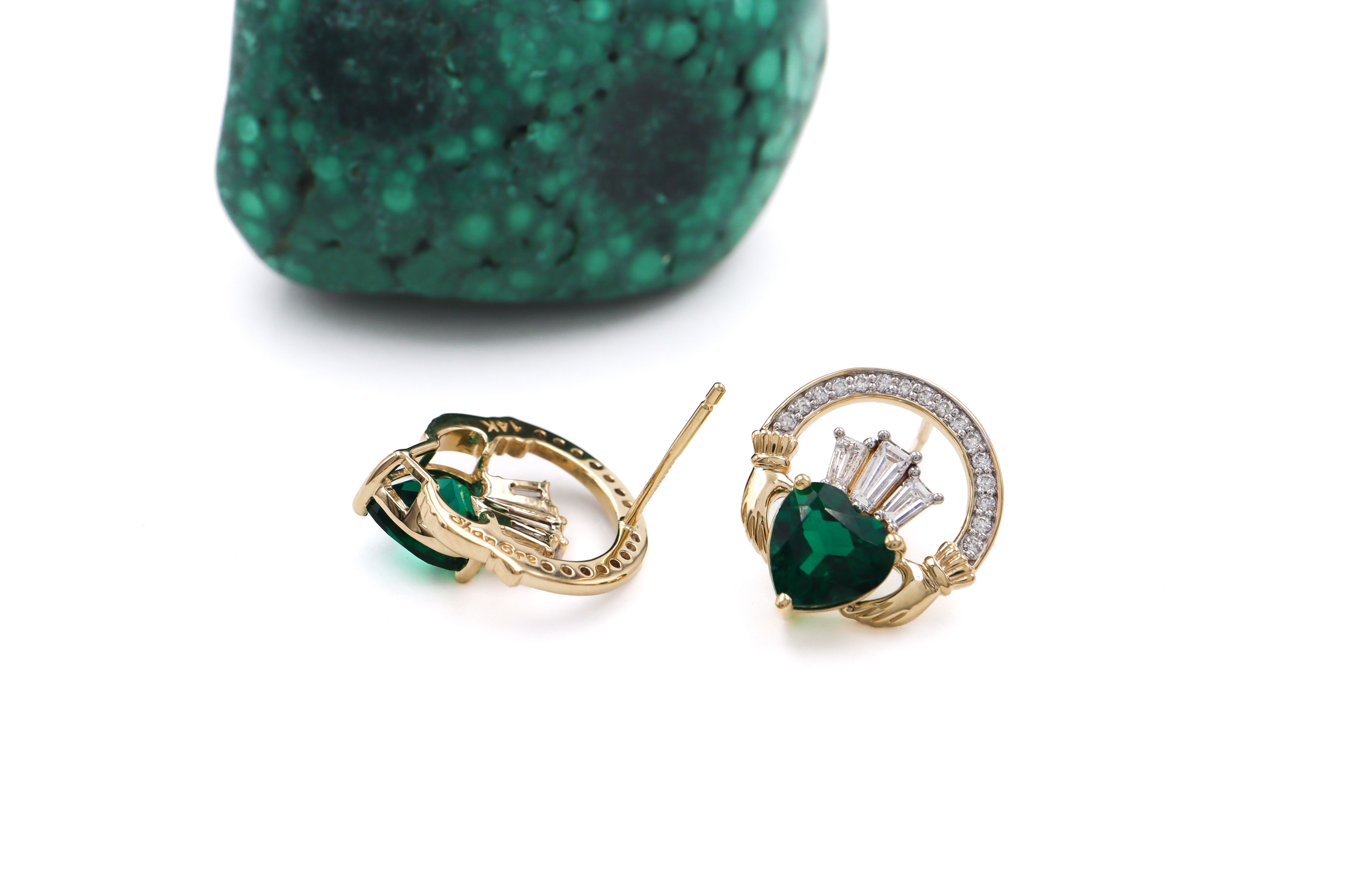 14k Yellow Gold Diamond Crowned 2ct Lab Emerald Claddagh Stud Earrings back