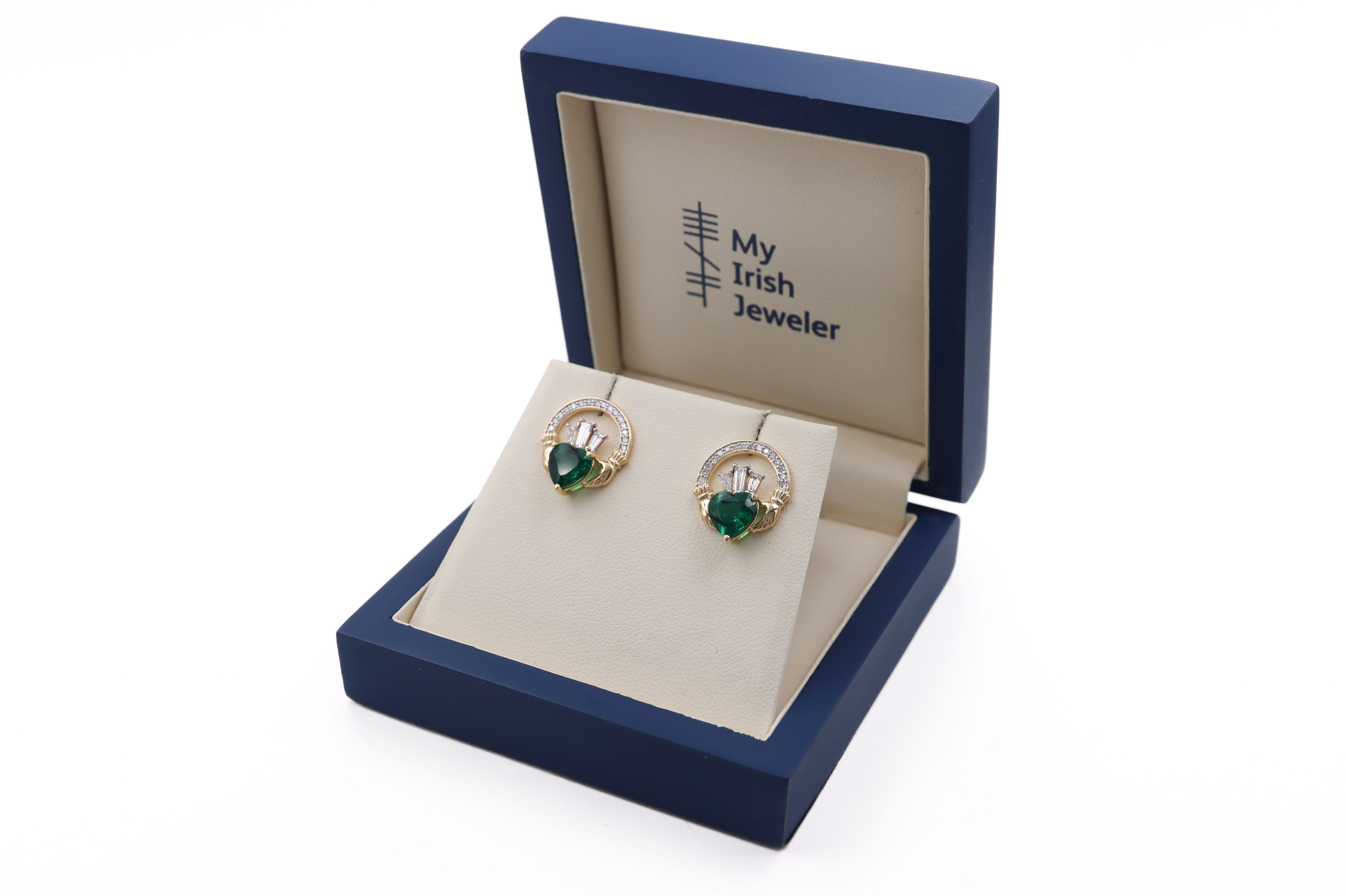 14k Yellow Gold Diamond Crowned 2ct Lab Emerald Claddagh Stud Earrings box