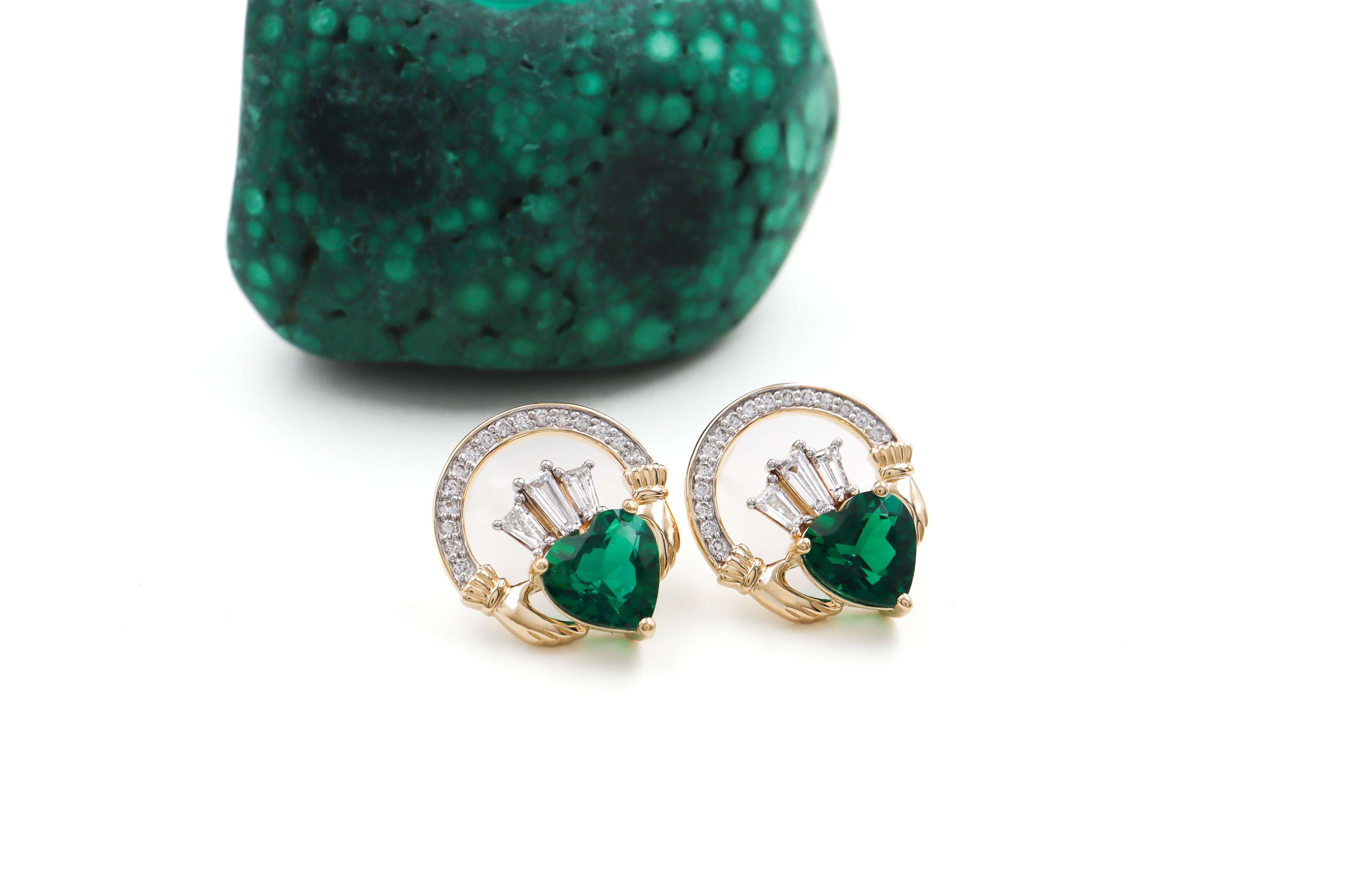 14k Yellow Gold Diamond Crowned 2ct Lab Emerald Claddagh Stud Earrings front 2