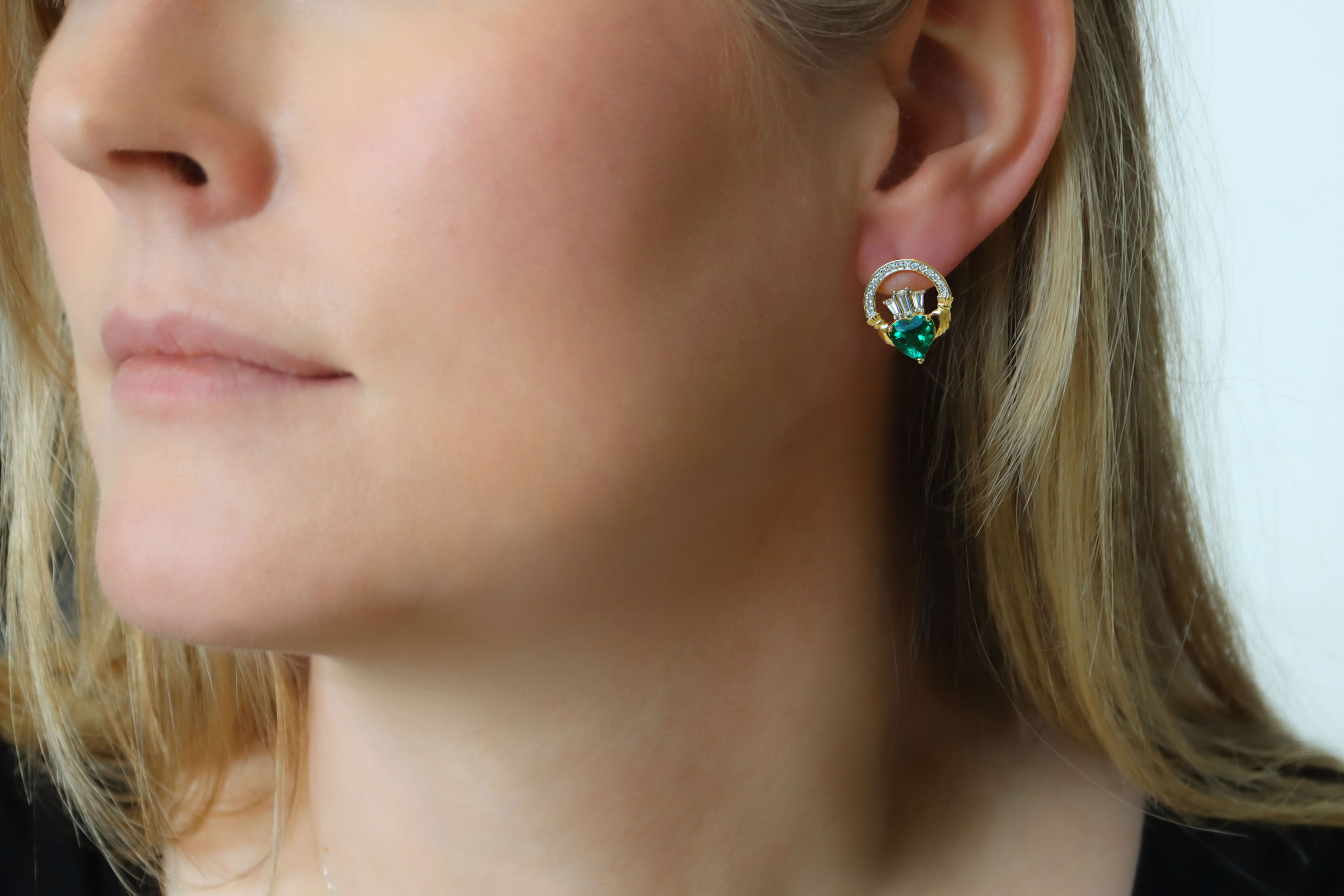 14k Yellow Gold Diamond Crowned 2ct Lab Emerald Claddagh Stud Earrings model