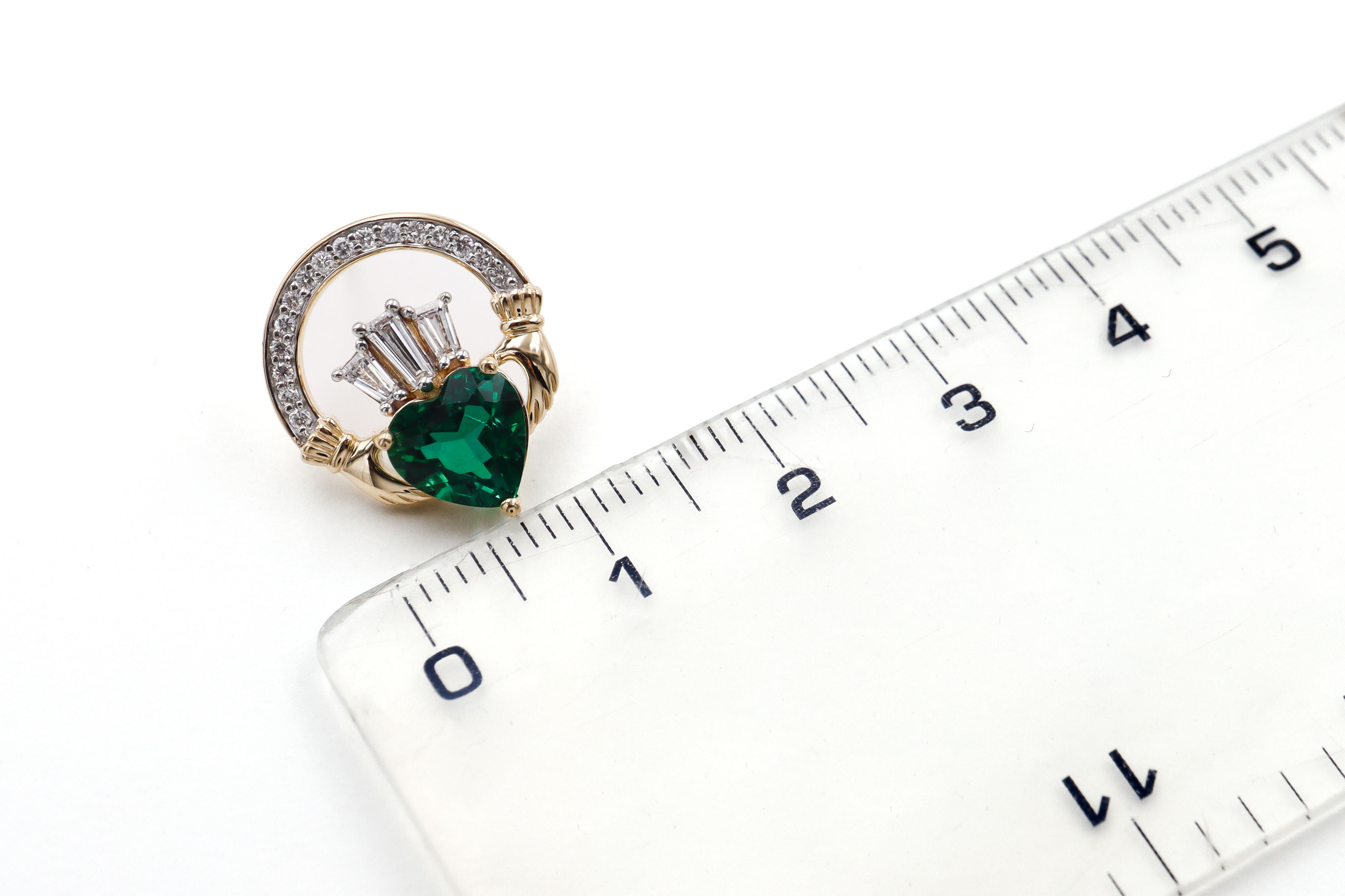 14k Yellow Gold Diamond Crowned 2ct Lab Emerald Claddagh Stud Earrings scale