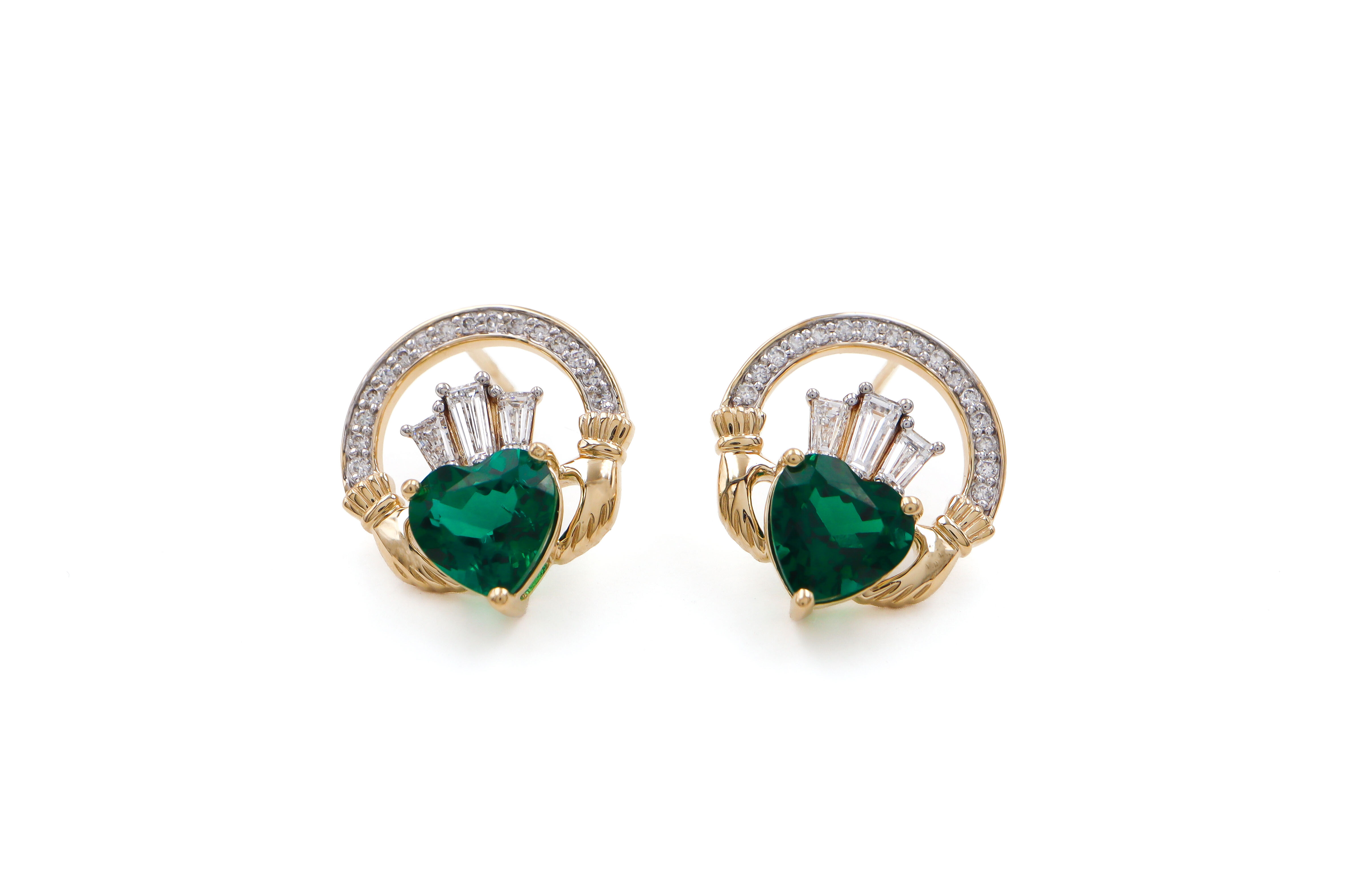 14k Yellow Gold Diamond Crowned 2ct Lab Emerald Claddagh Stud Earrings white background