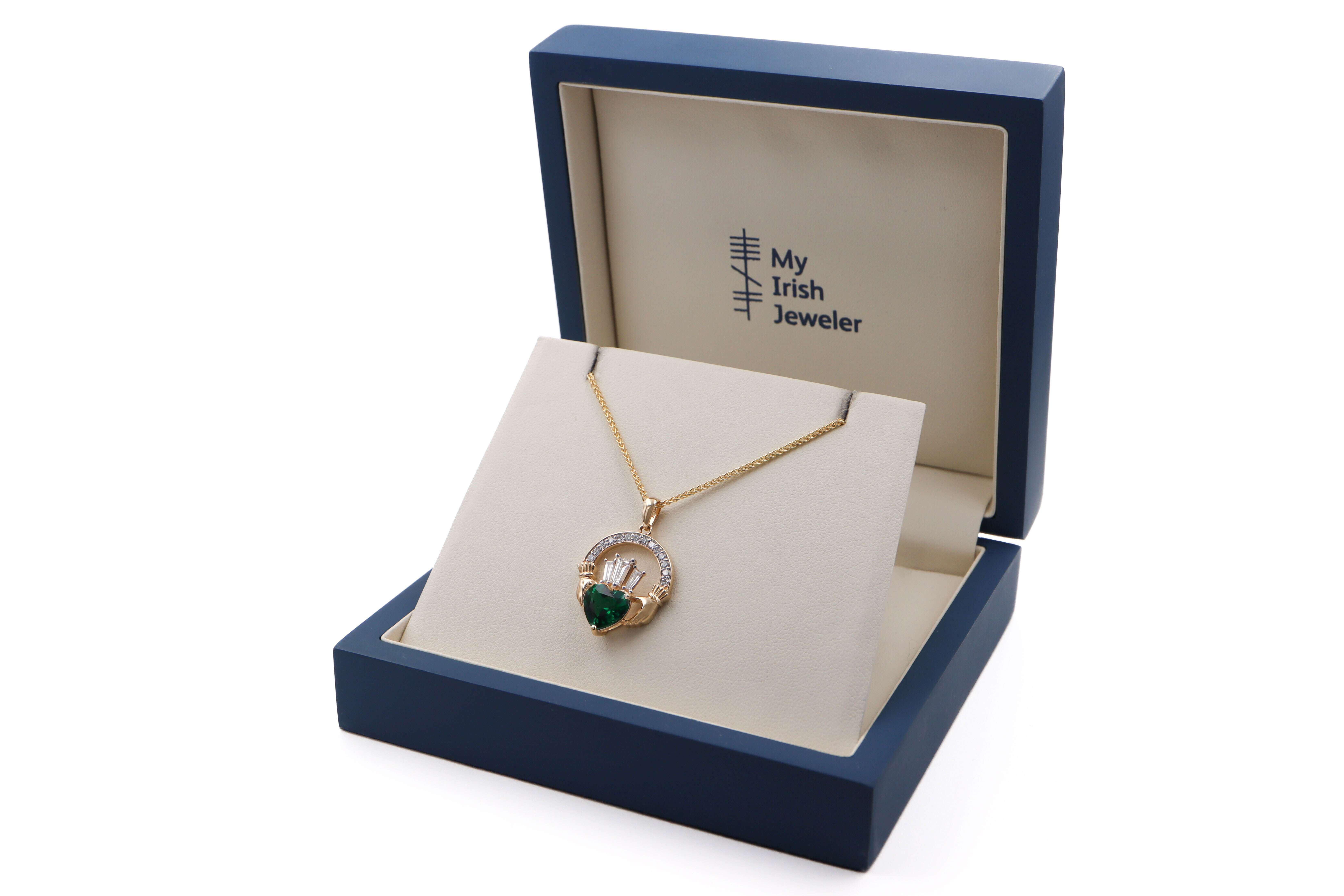 14k Yellow Gold Large Diamond Crowned 2ct Emerald Claddagh Necklace Sku 25235 box