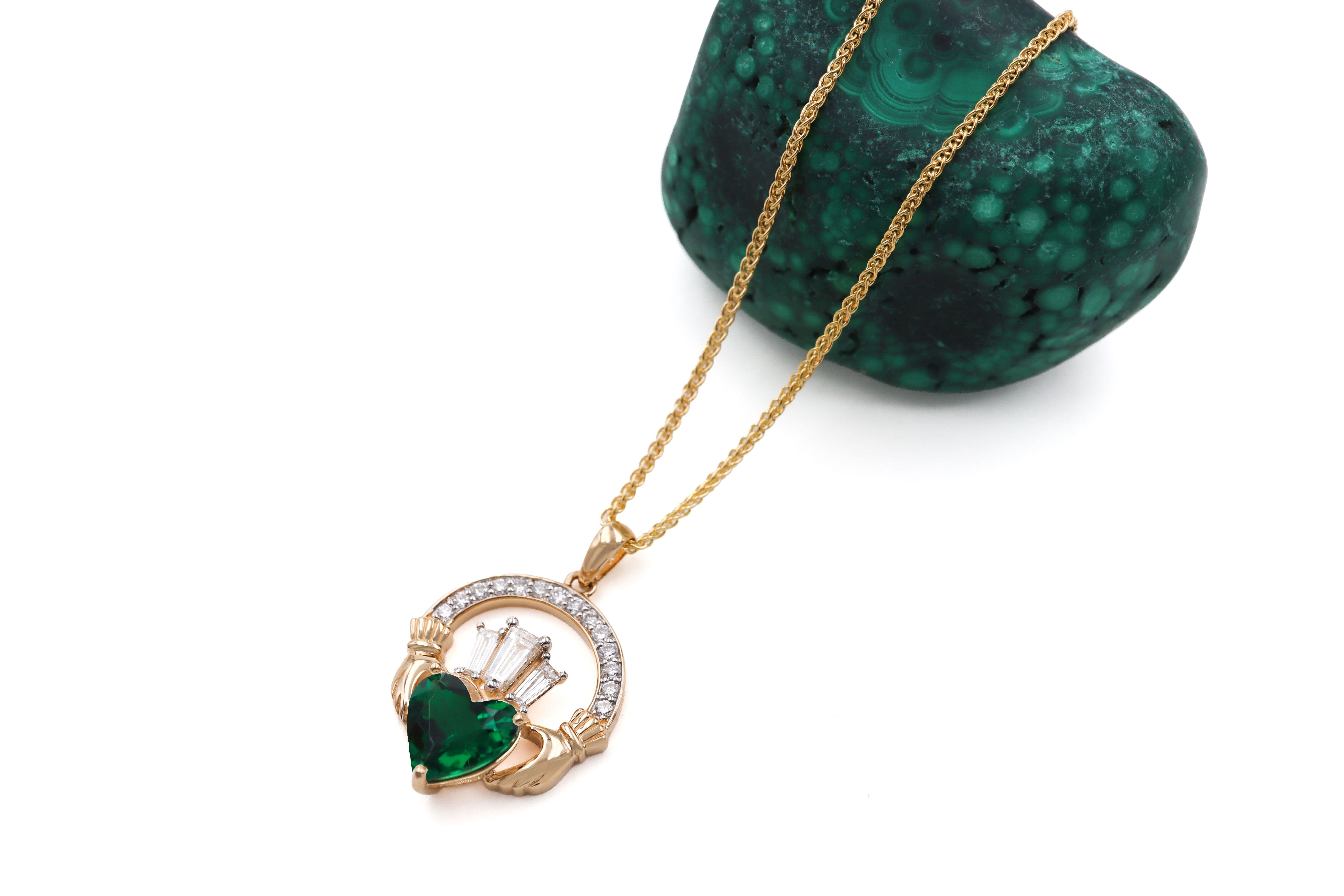 14k Yellow Gold Large Diamond Crowned 2ct Emerald Claddagh Necklace Sku 25235 flat