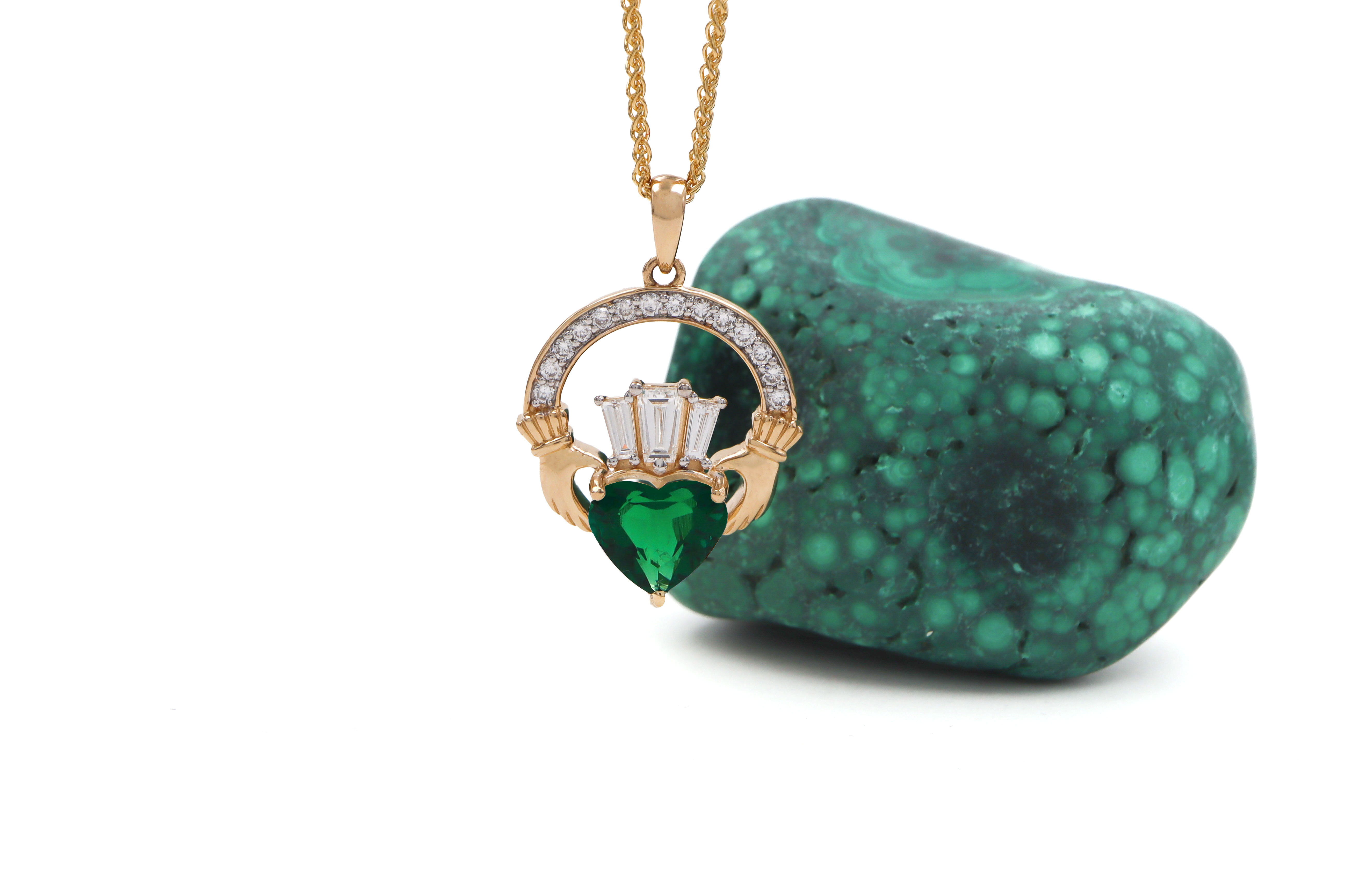 14k Yellow Gold Large Diamond Crowned 2ct Emerald Claddagh Necklace Sku 25235 front