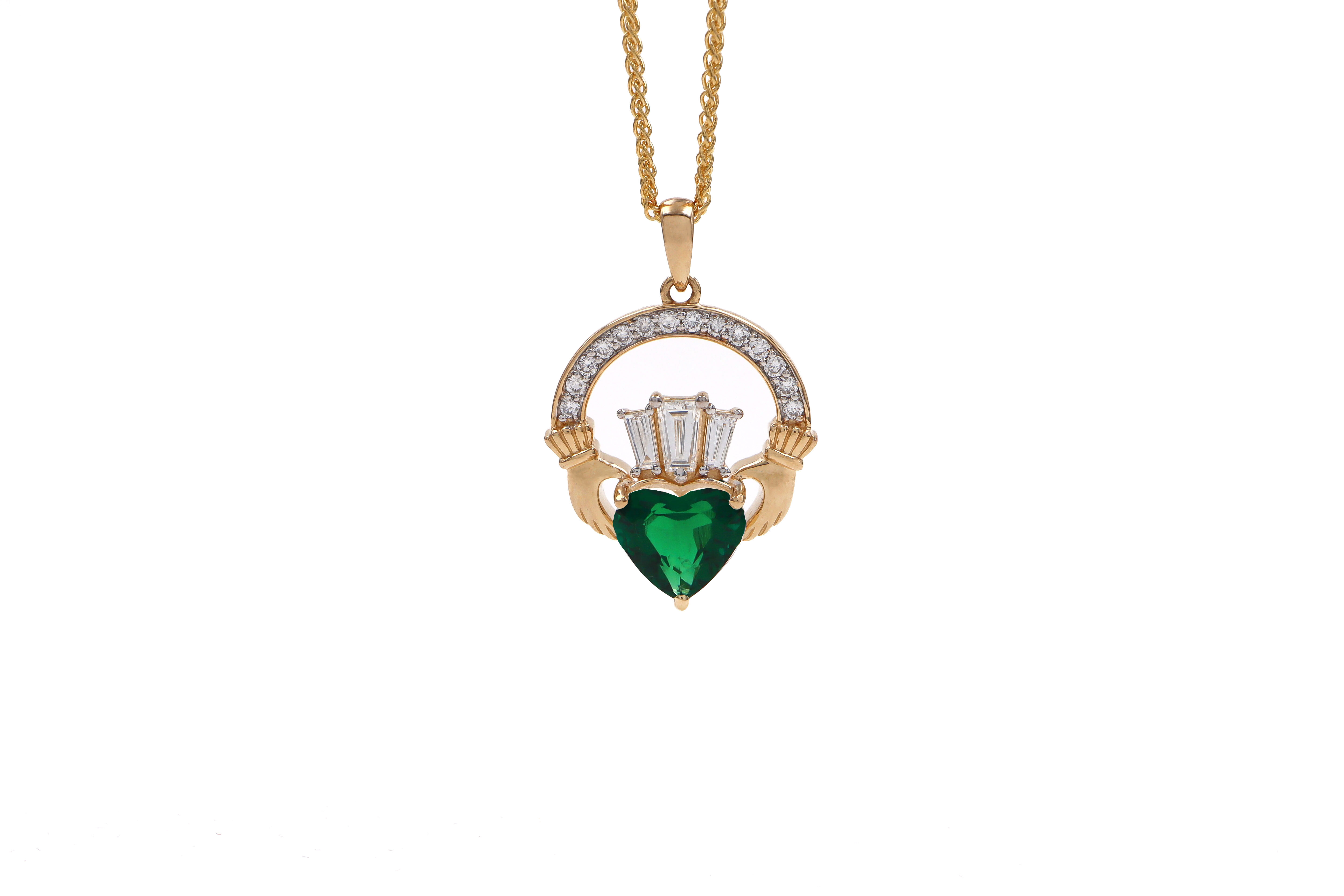 14k Yellow Gold Large Diamond Crowned 2ct Emerald Claddagh Necklace Sku 25235 white
