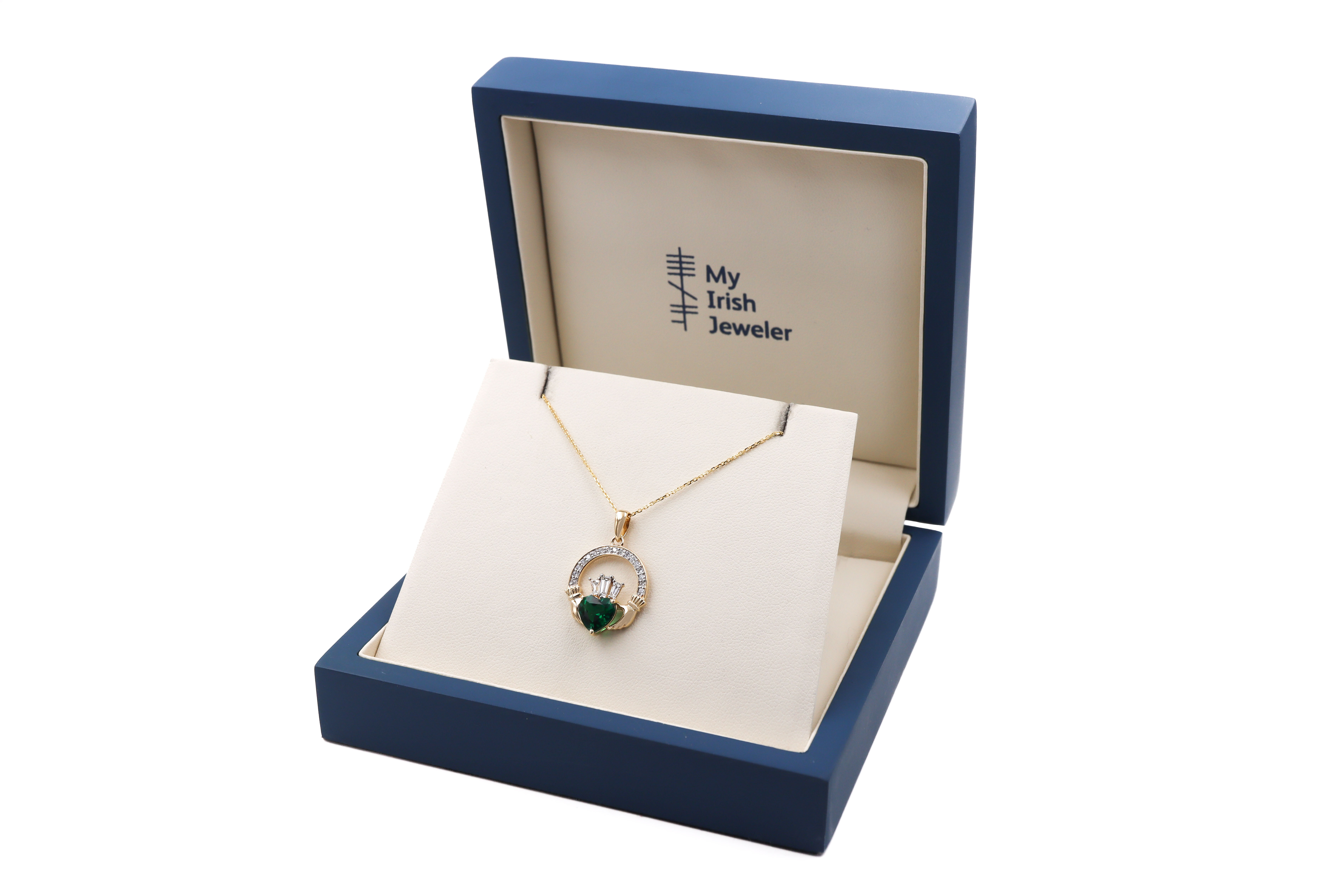 14k Yellow Gold Small Diamond Crowned 2ct Emerald Claddagh Necklace Sku 25236 box