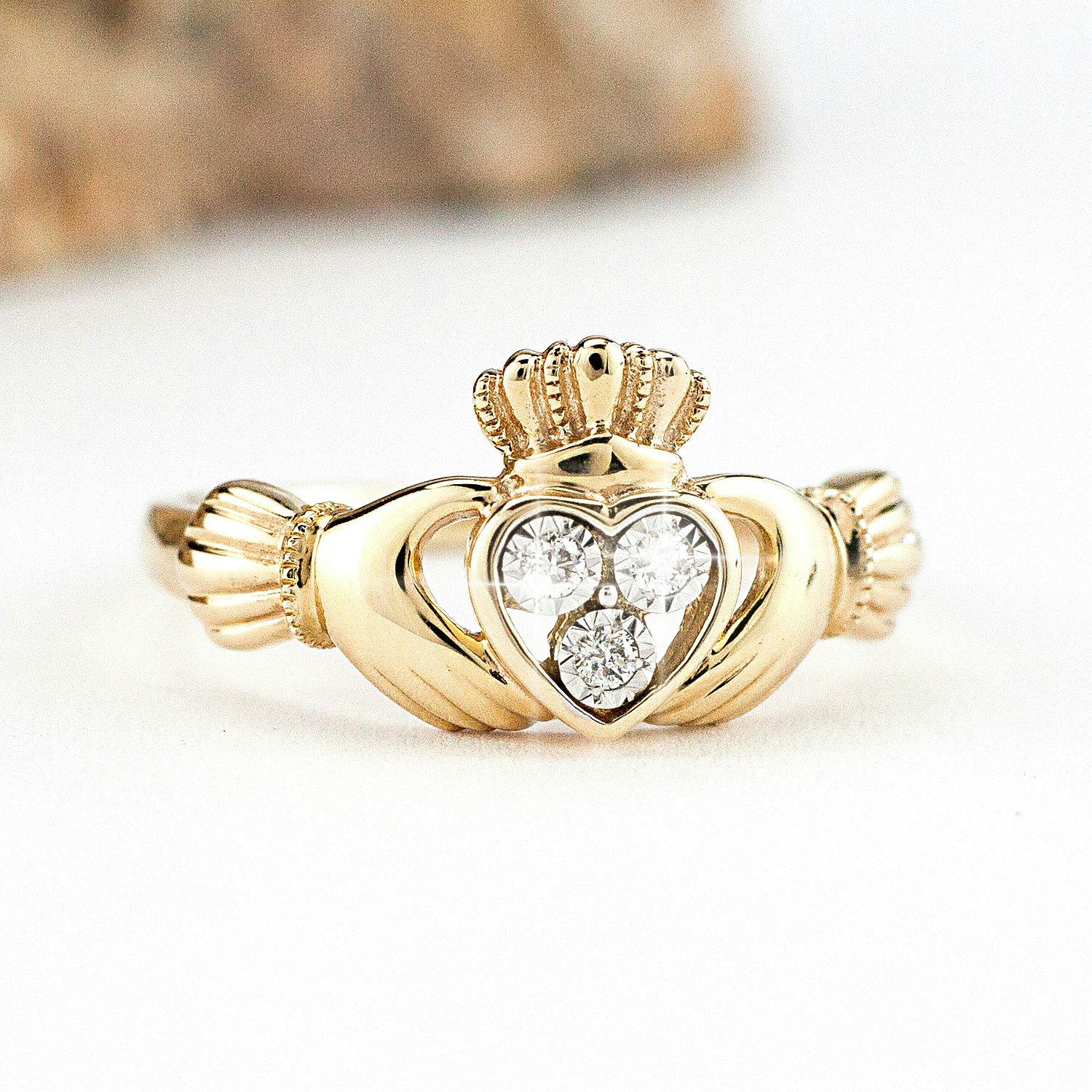 Small Claddagh Ring with CZ or Diamond in 14K