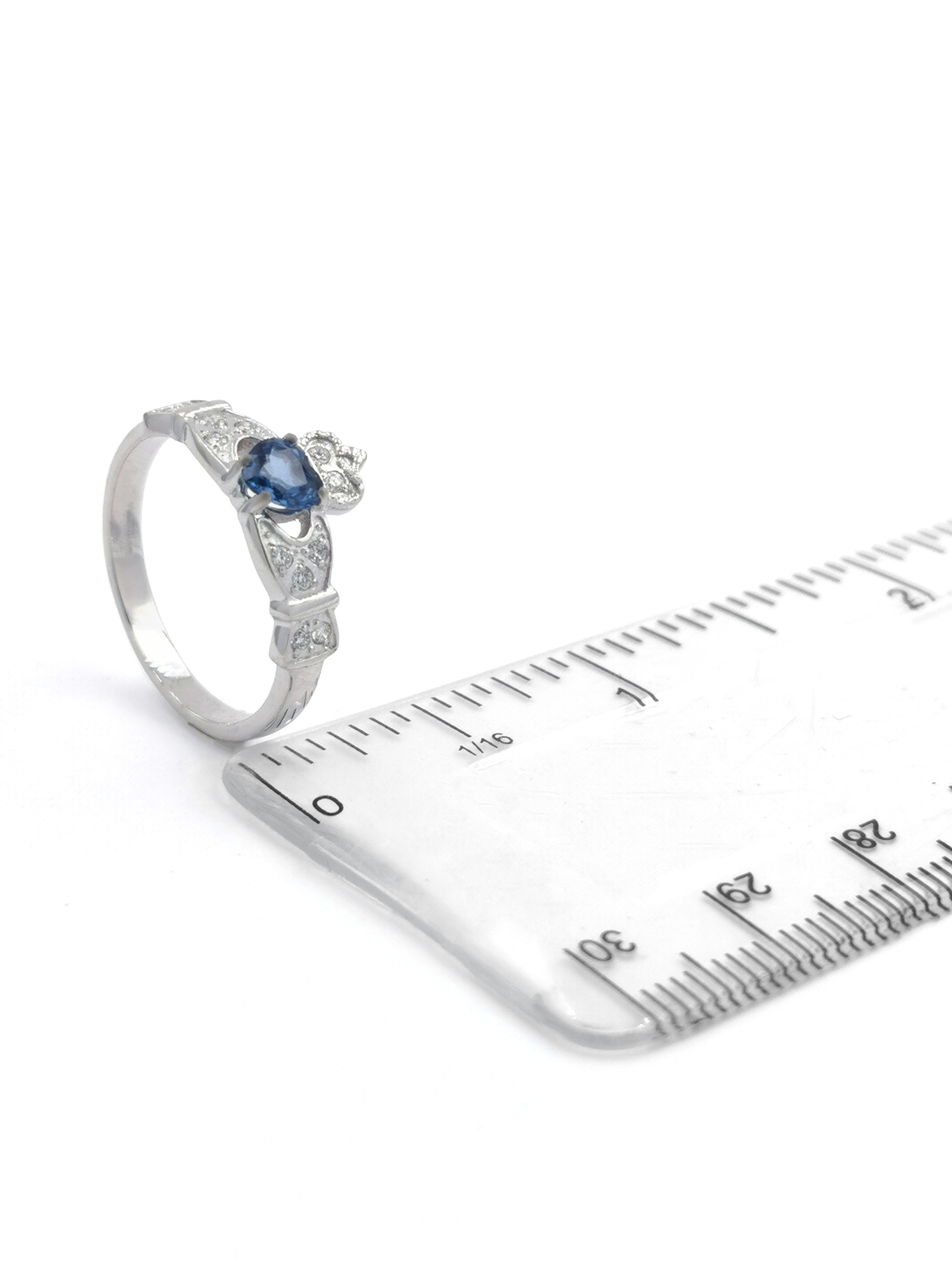 Womens Claddagh Engagement Ring in White Gold. Picture For Scale.