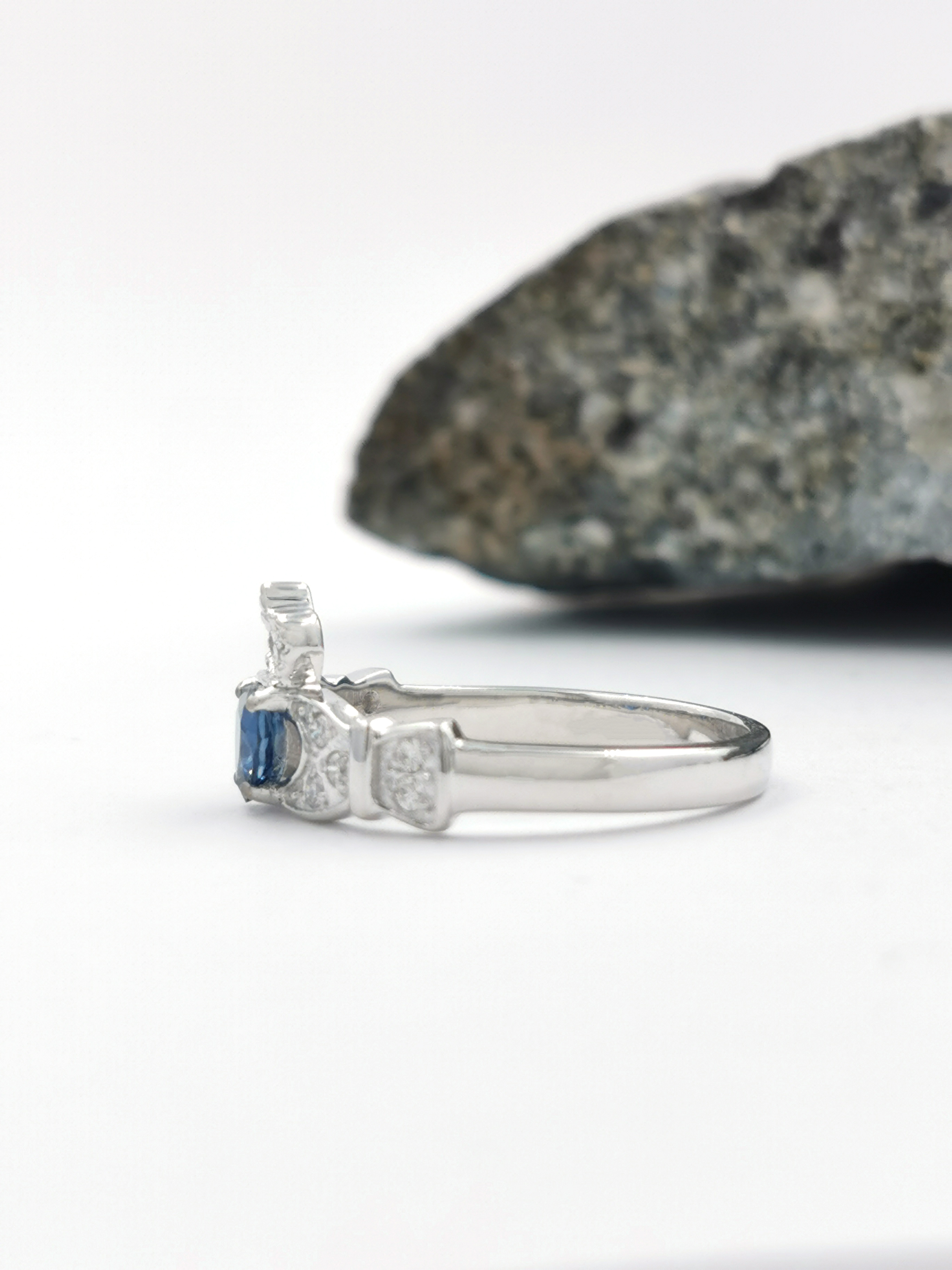 Womens Claddagh Engagement Ring in White Gold. Side View.