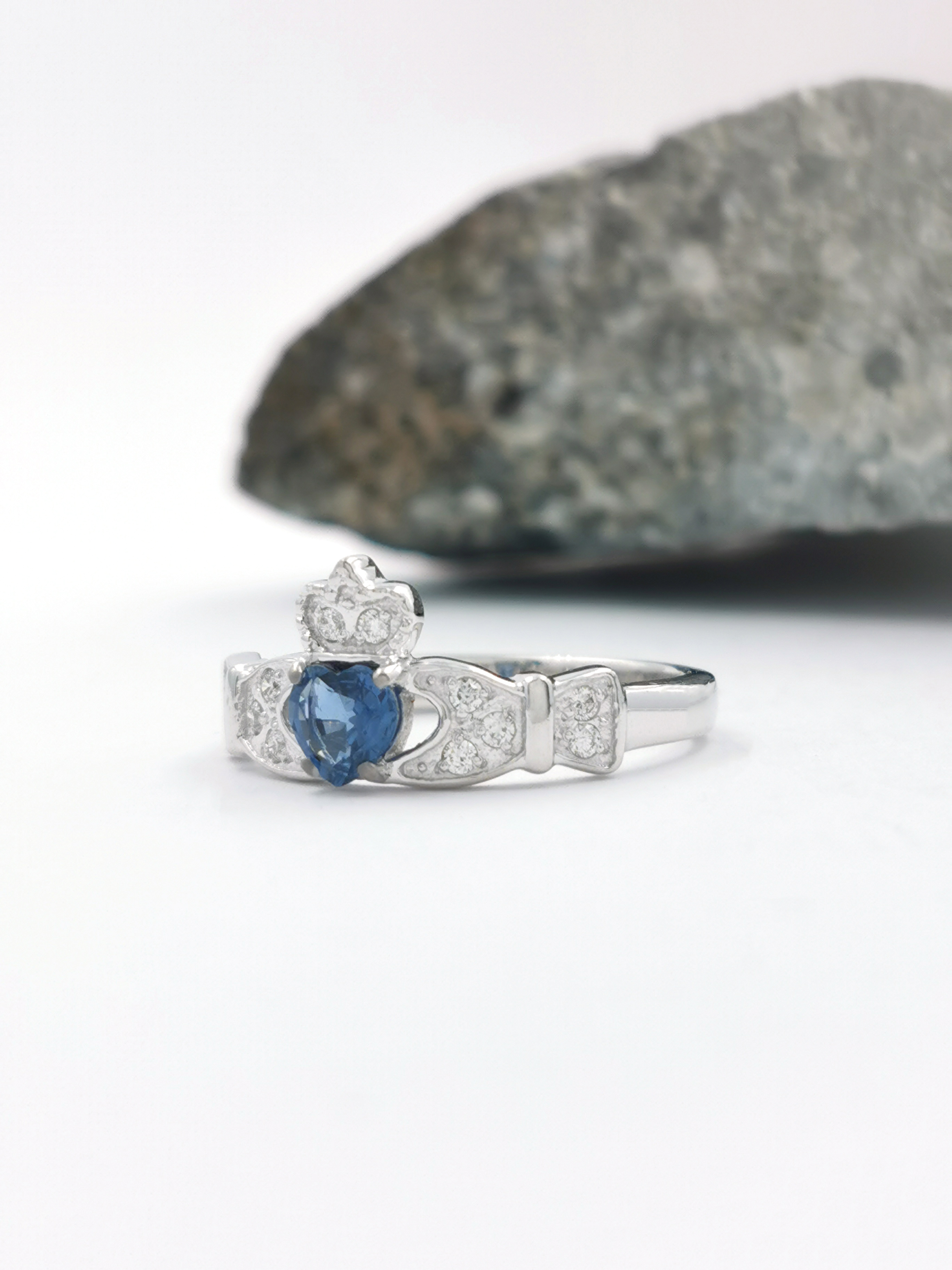 Womens Claddagh Engagement Ring in Real 14K White Gold