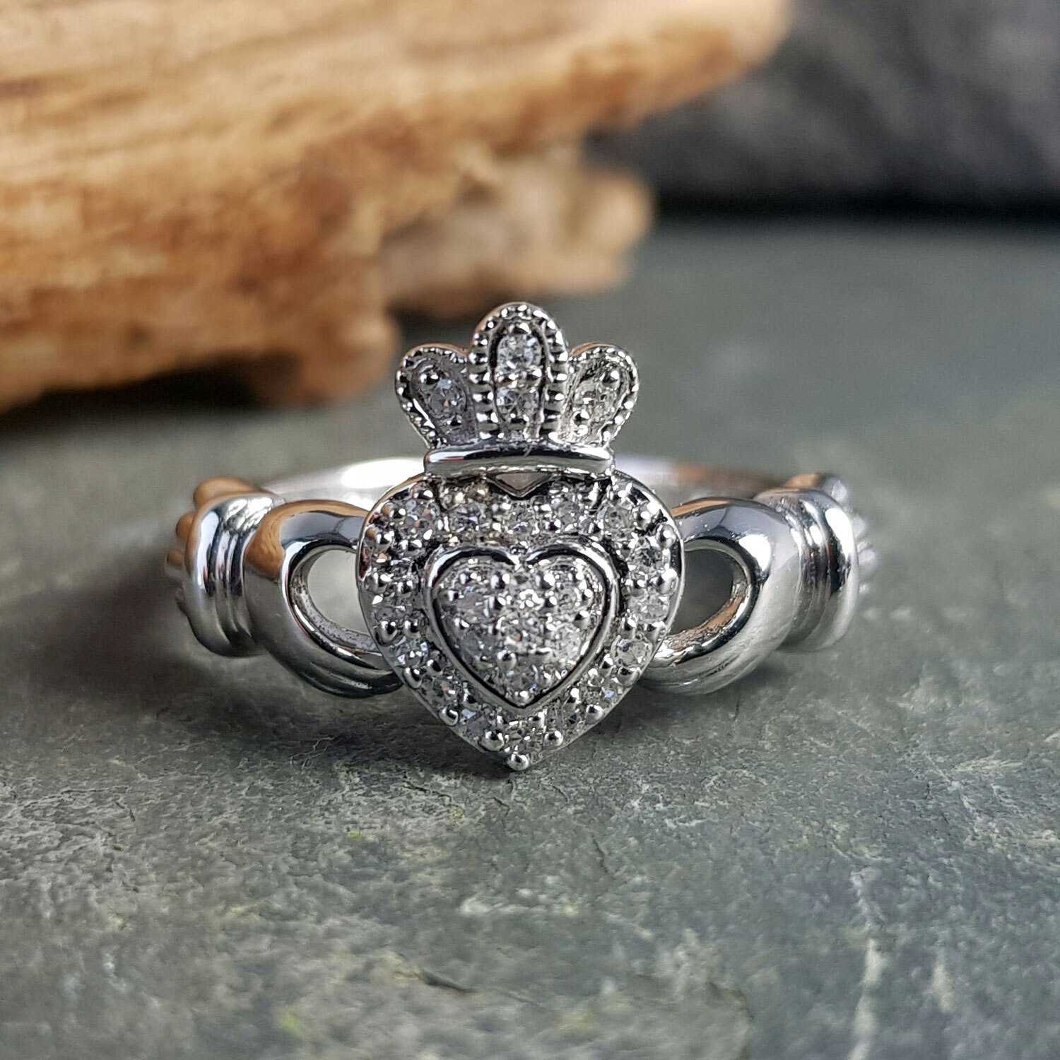 Small Claddagh Ring with CZ or Diamond in 14K