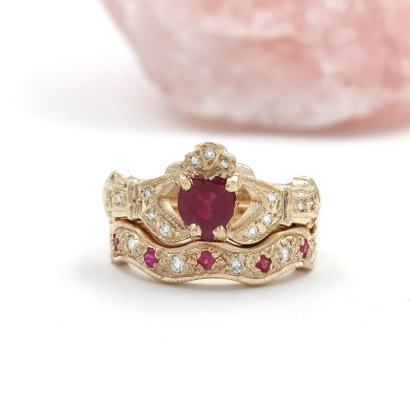Ruby and Diamond Claddagh Ring Set