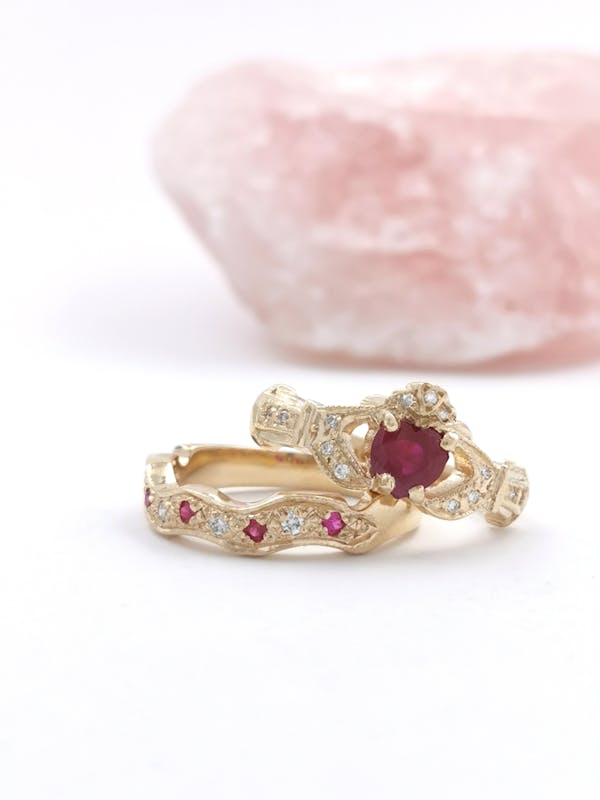 14k White Gold Ruby and Diamond Braided Wide Band 