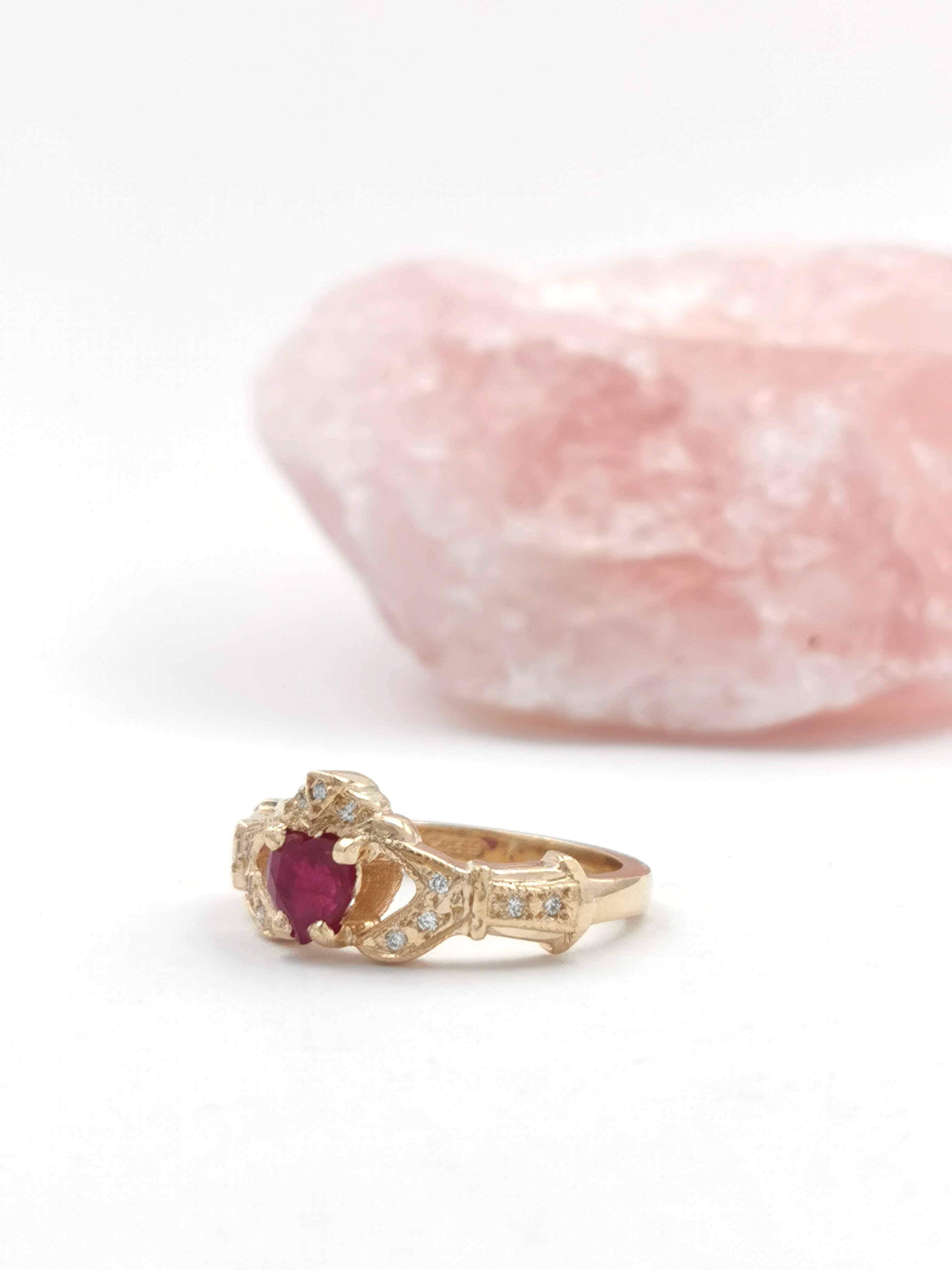 Womens Claddagh Engagement Ring in Real Yellow Gold. Side View.