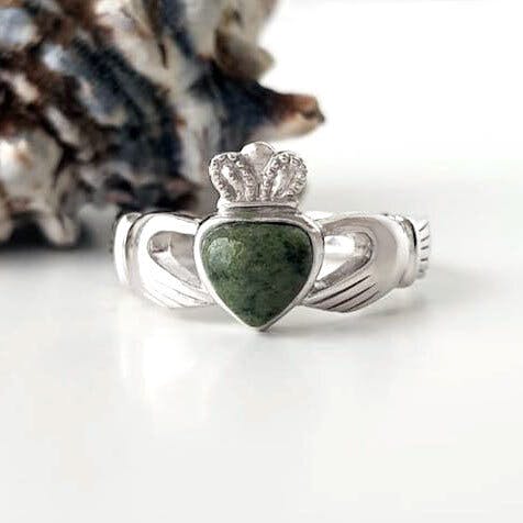 Ladys Silver Claddagh Ring With Connemara Marble Heart Made In