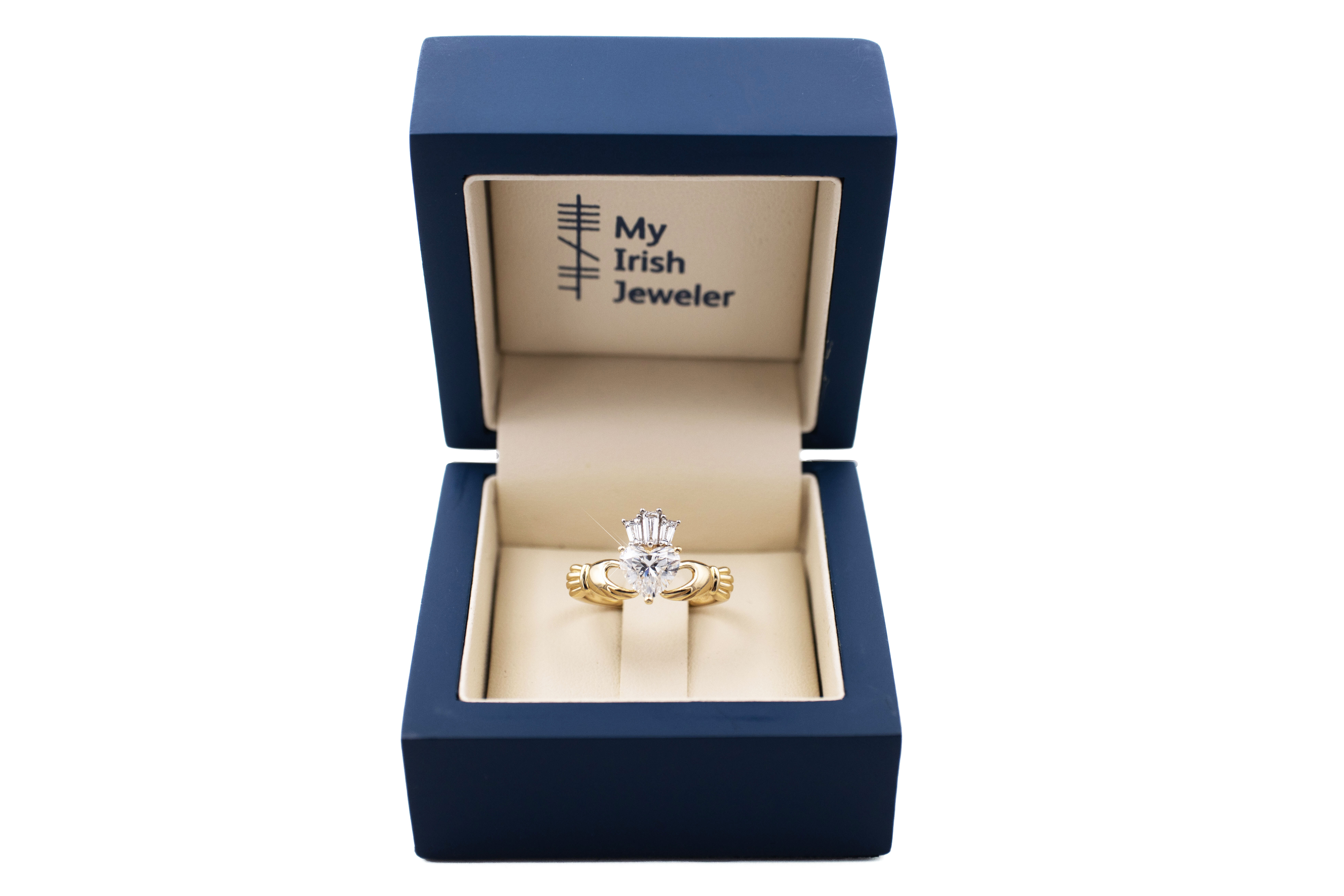 Luxurious Yellow Gold Claddagh 1.00ct Lab Grown Diamond Ring For Women With a Polished Finish. In Luxury Packaging.