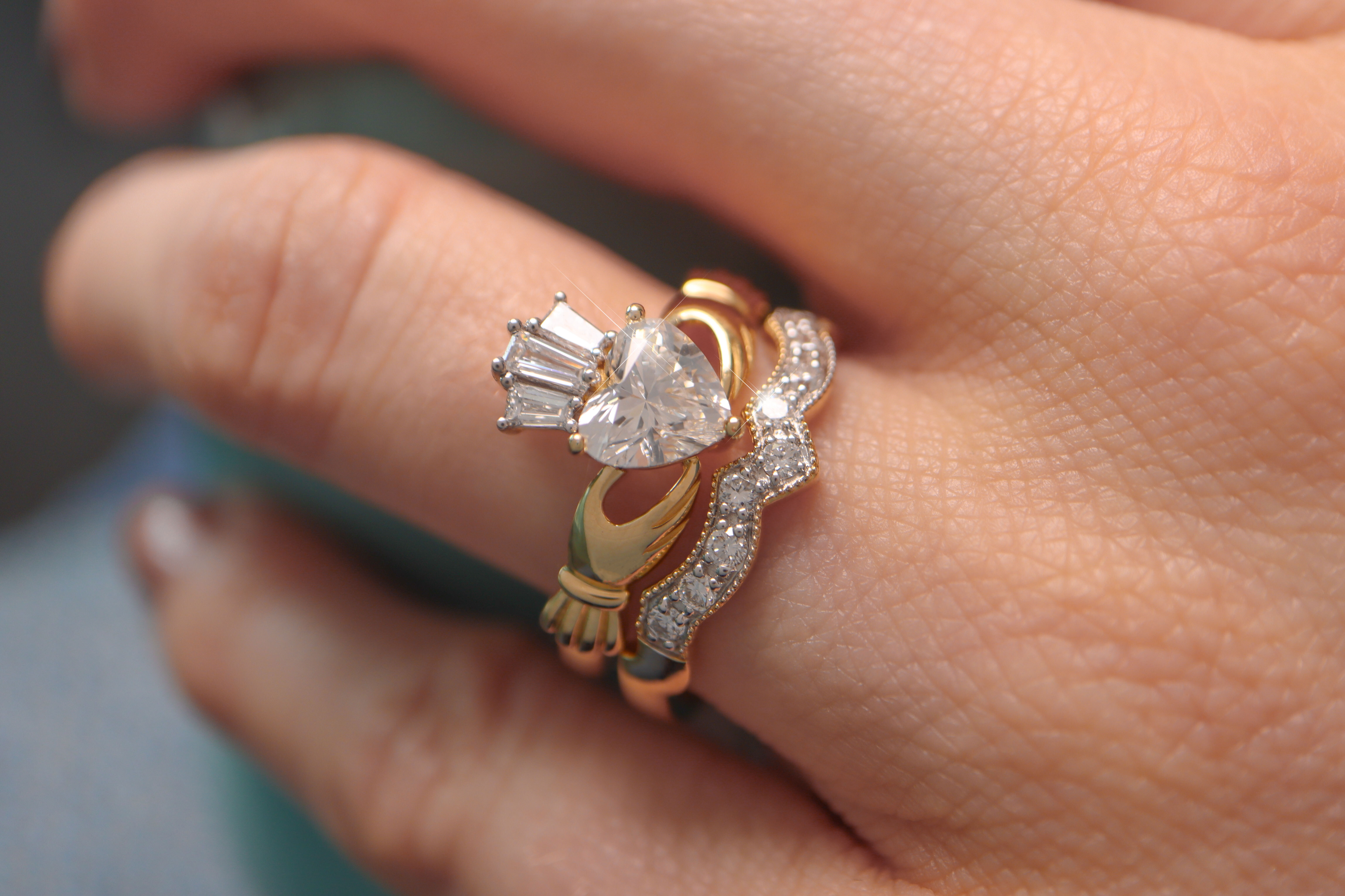 Genuine Yellow Gold Claddagh 1.00ct Lab Grown Diamond Engagement Ring For Women With a Polished Finish - Model Photo