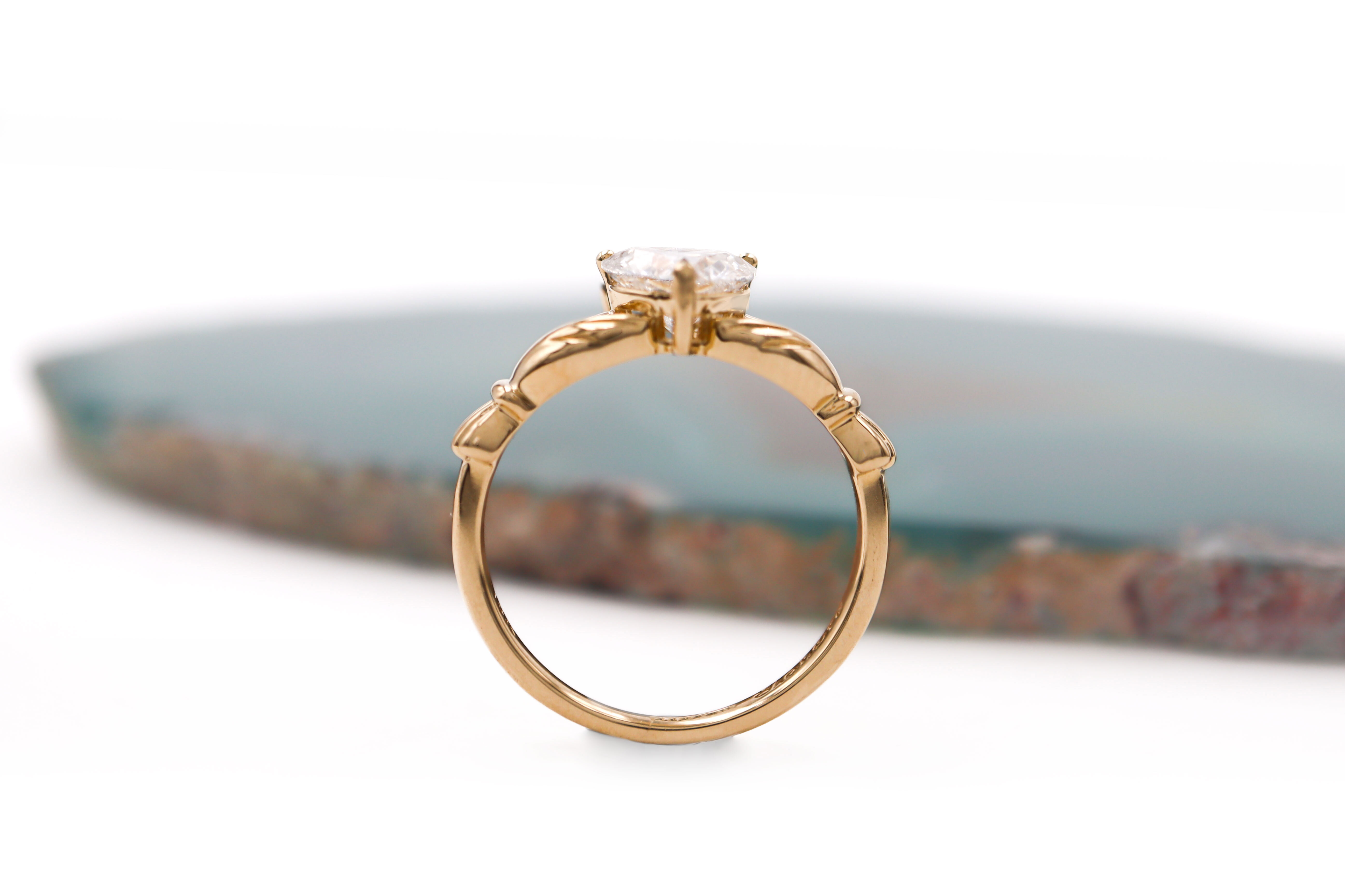 Womens Polished Claddagh 1.00ct Lab Grown Diamond Engagement Ring in Real Yellow Gold. Side View.