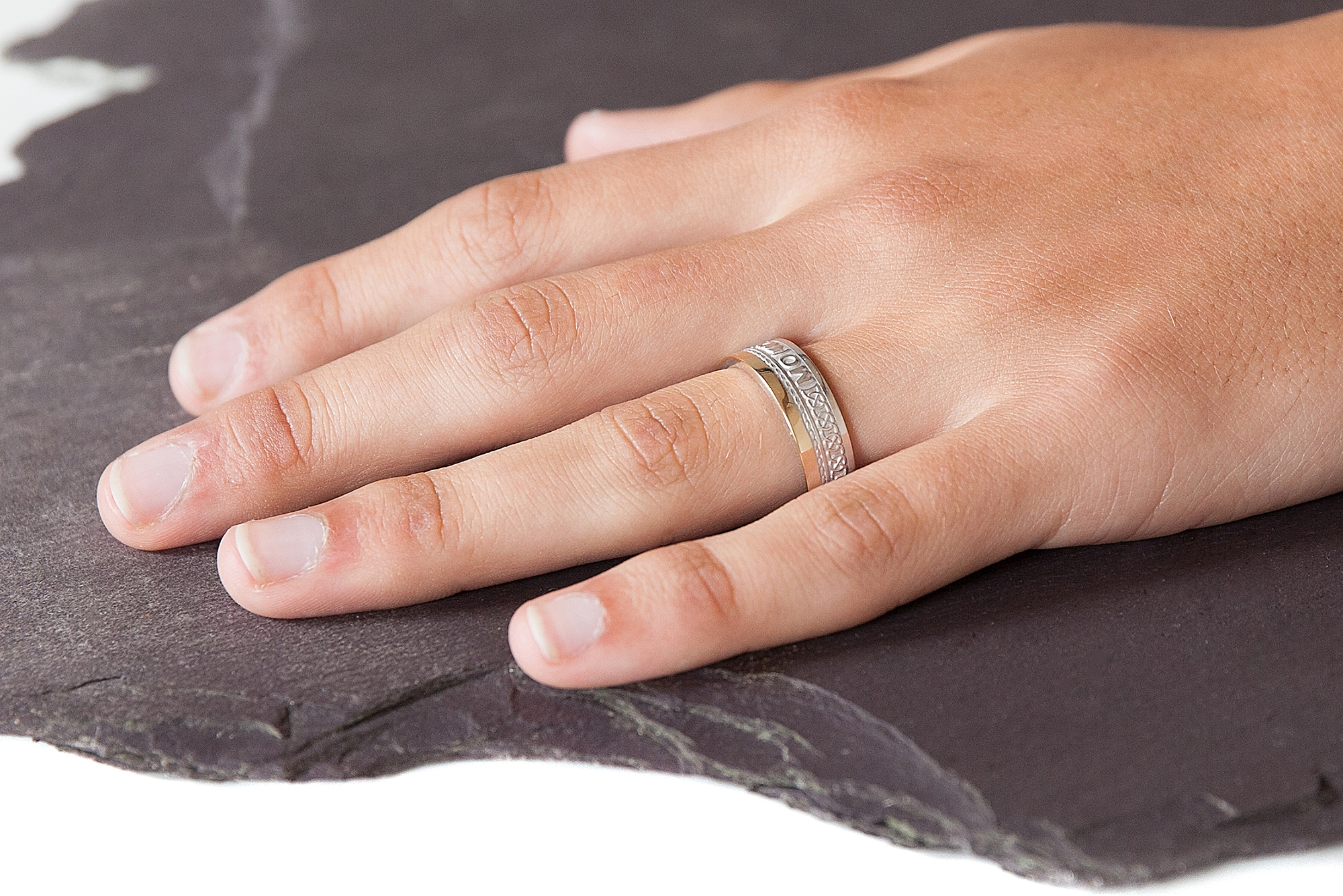 Mo Anam Cara & Gaelic Ring in Real Sterling Silver & 10K Yellow Gold - Model Photo