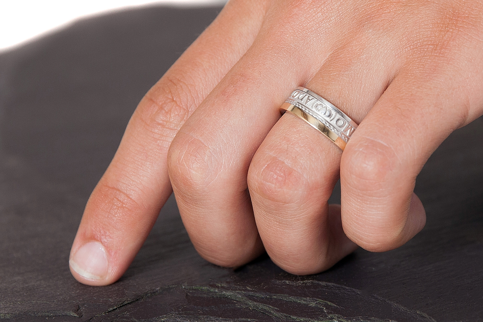 Attractive Sterling Silver & 10K Yellow Gold Mo Anam Cara Ring - Model Photo