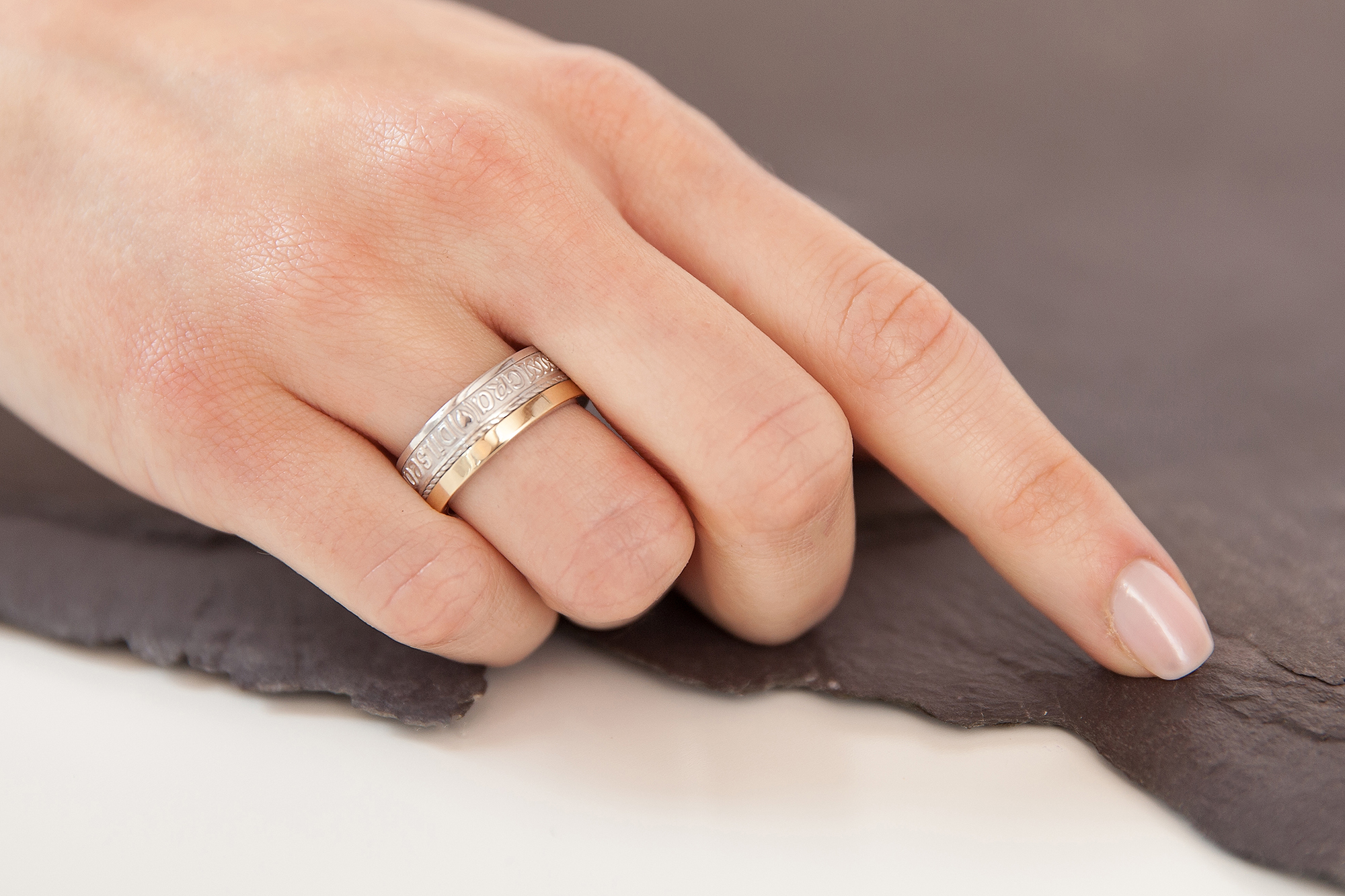 Gorgeous Sterling Silver & 10K Yellow Gold Mo Anam Cara Ring - Model Photo