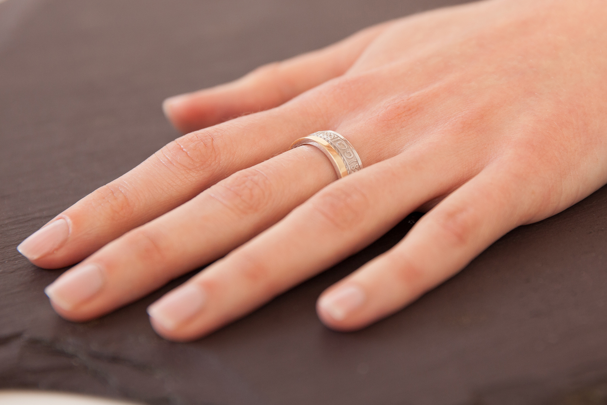 Irish 18K White Gold & Yellow Gold Gaelic 7.3mm Ring - Model Photo