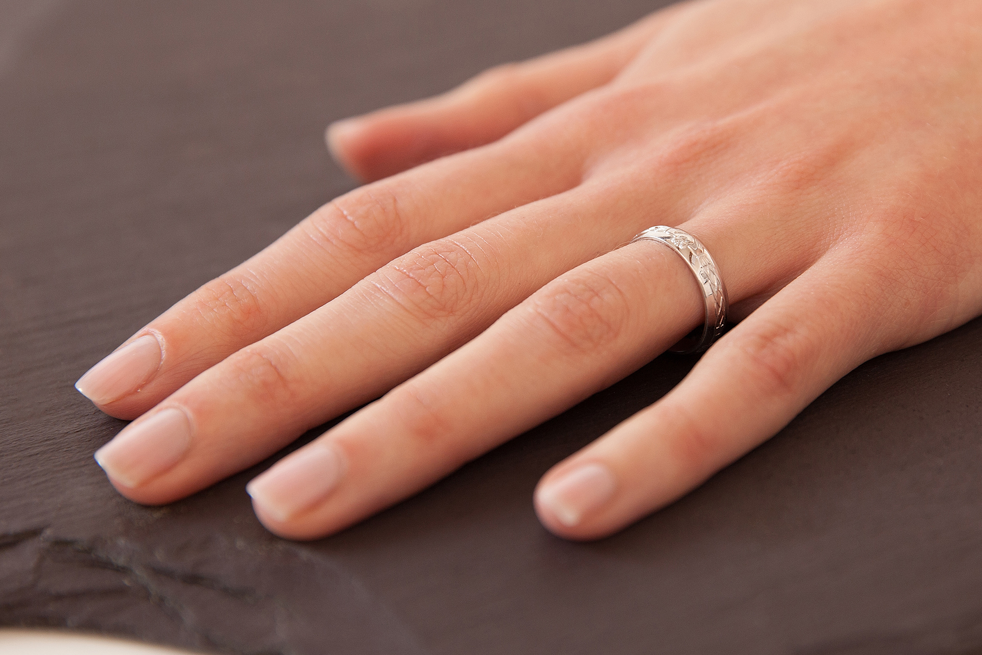 Authentic Platinum Claddagh & Celtic Knot Wedding Ring For Women - Model Photo