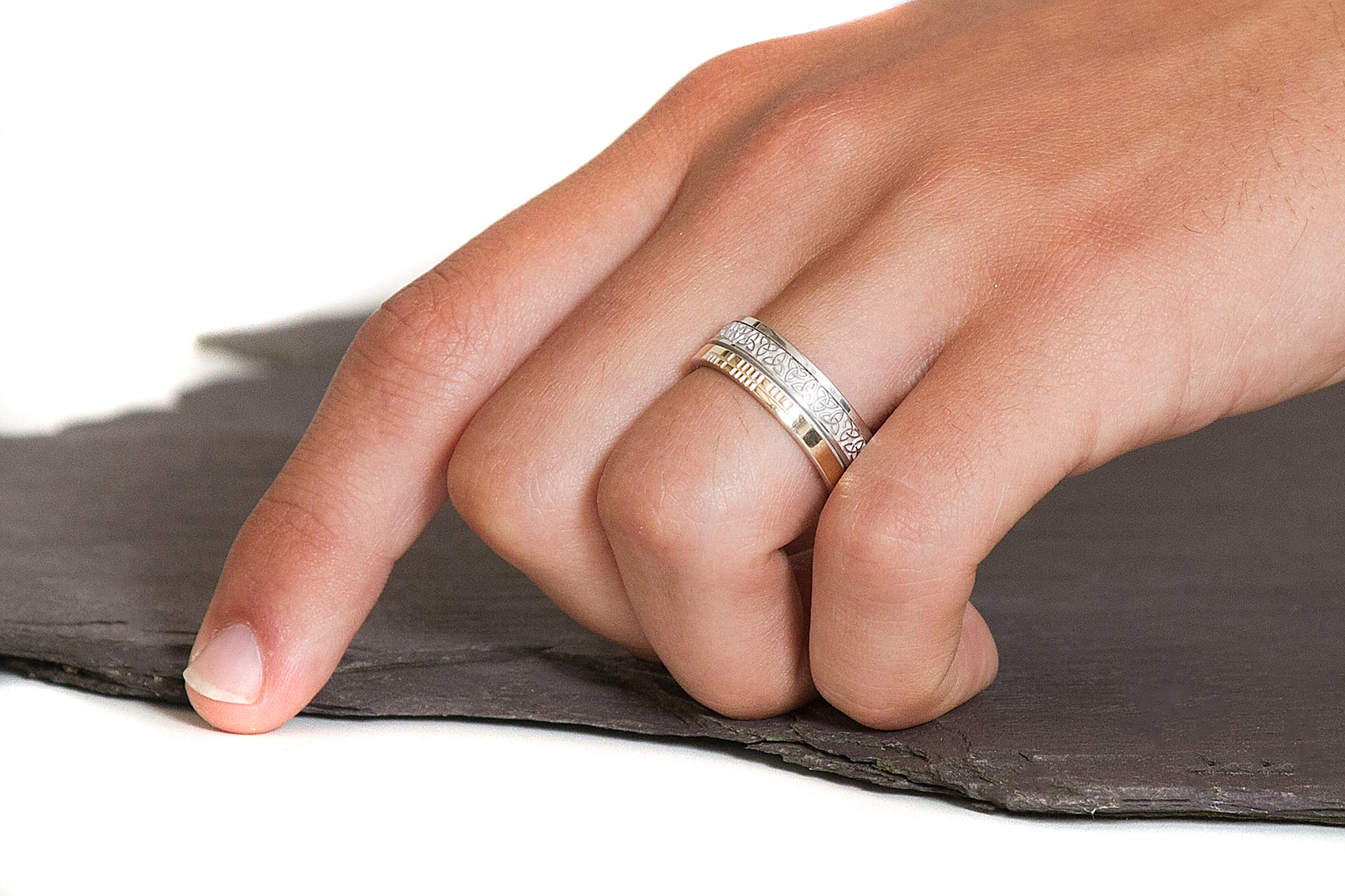 Florentine 10K White Gold & Yellow Gold Ogham & Trinity Knot 7.3mm Ring - Model Photo