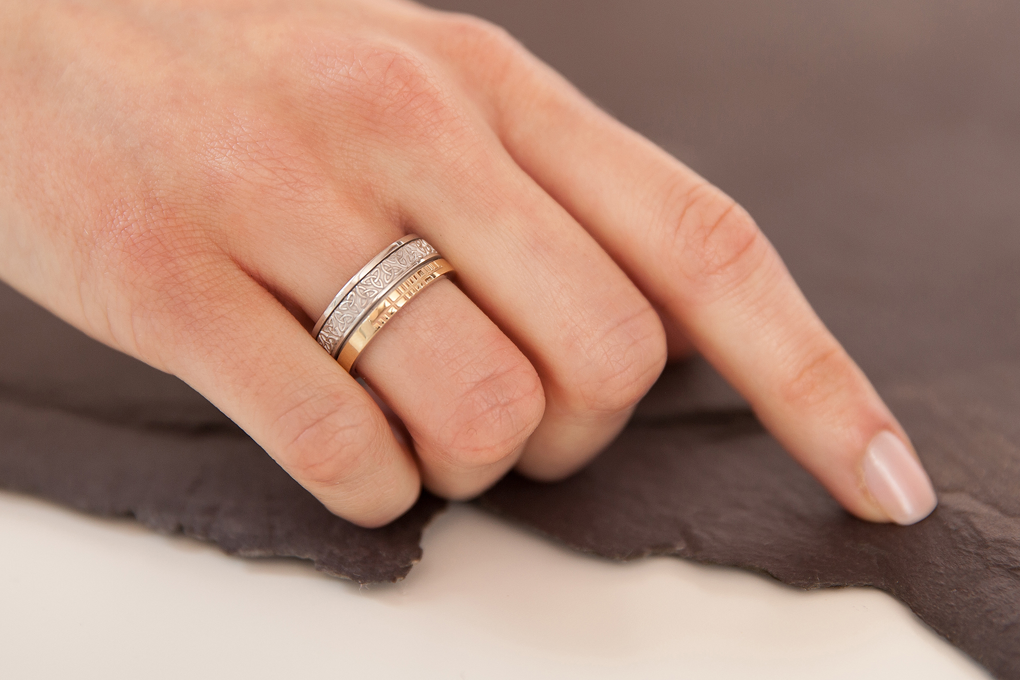 Gorgeous Florentine 10K White Gold & Yellow Gold Ogham 7.3mm Ring - Model Photo