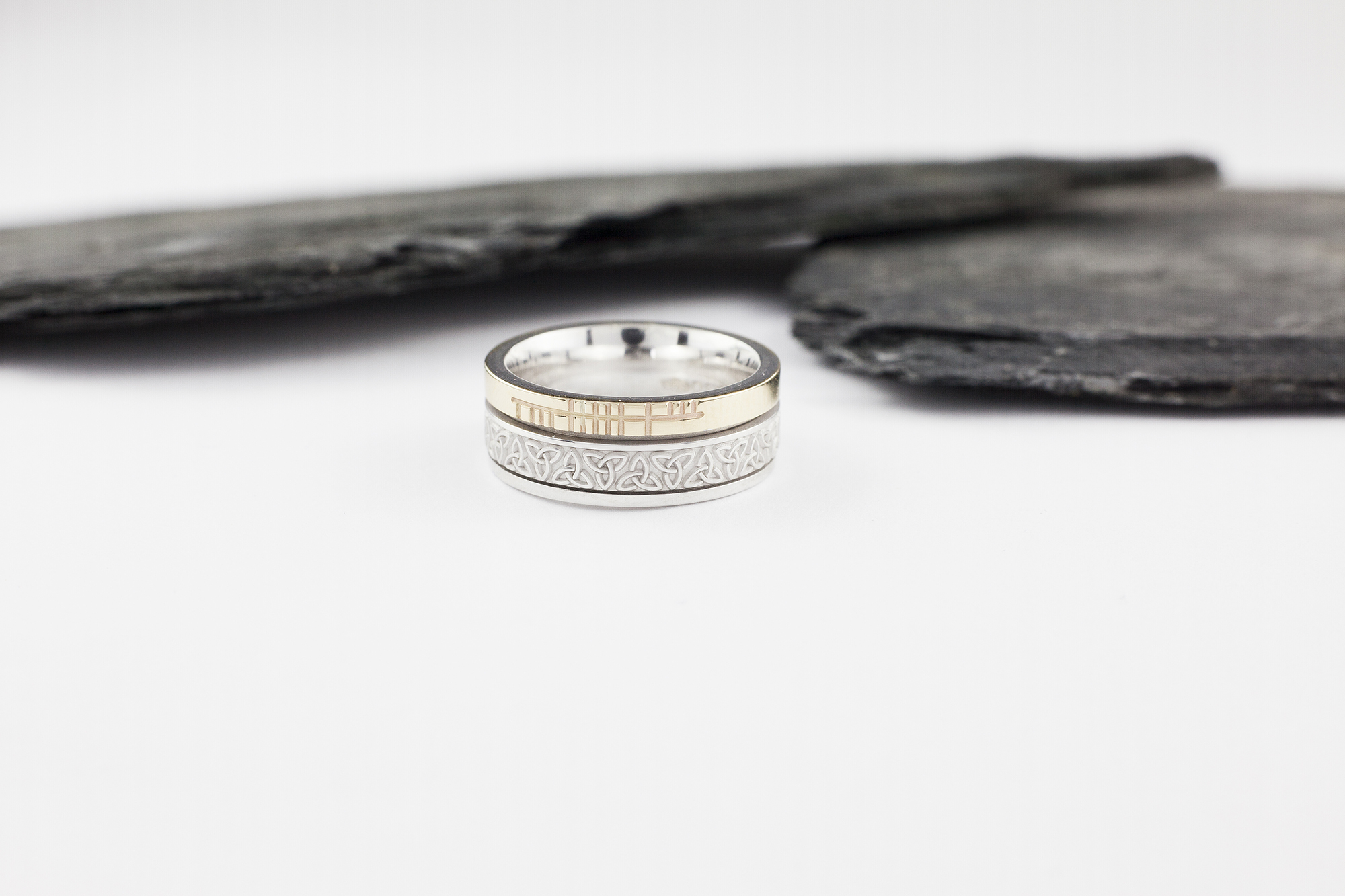 Authentic 10K White Gold & Yellow Gold Ogham 7.3mm Ring With a Florentine Finish